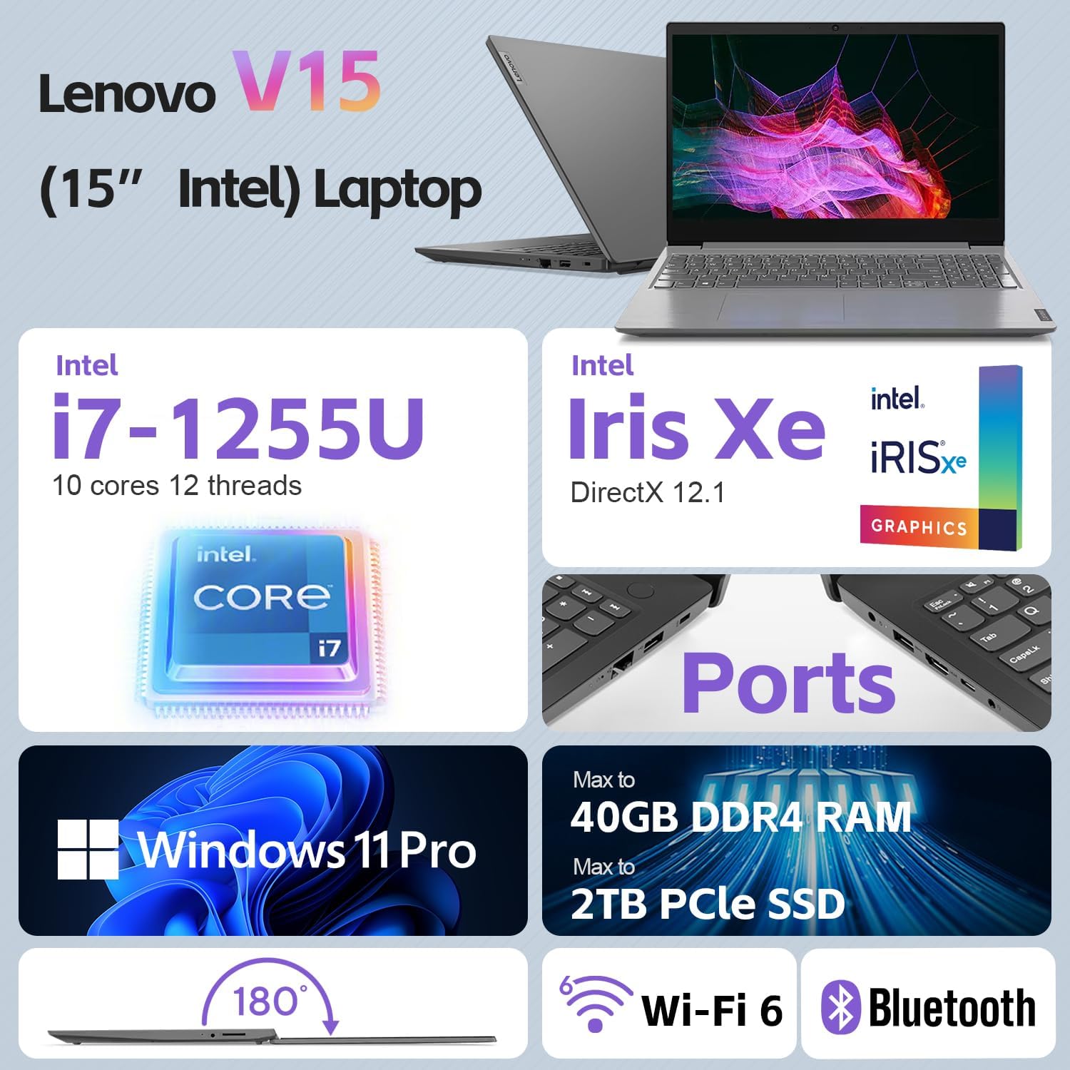 Lenovo Laptop V15 for Business (15.6" FHD Anti-Glare, Intel i7-1255U, 16GB RAM, 512GB PCIe SSD), Numeric Keypad, Type-C, Ethernet, Wi-Fi, Webcam, Military Grade, Win 11 Pro (Renewed)