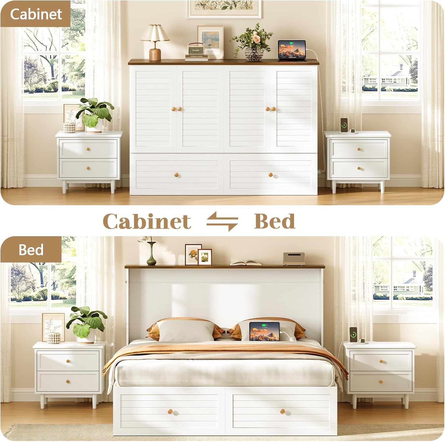 Yoobure Queen Murphy Bed with Charging Station - Modern Queen Bed Frame with Storage, Foldable Platform Cabinet Beds with Drawer, Wood Hideway Bedframe for Guest & Living Room, Bedroom, Office, White