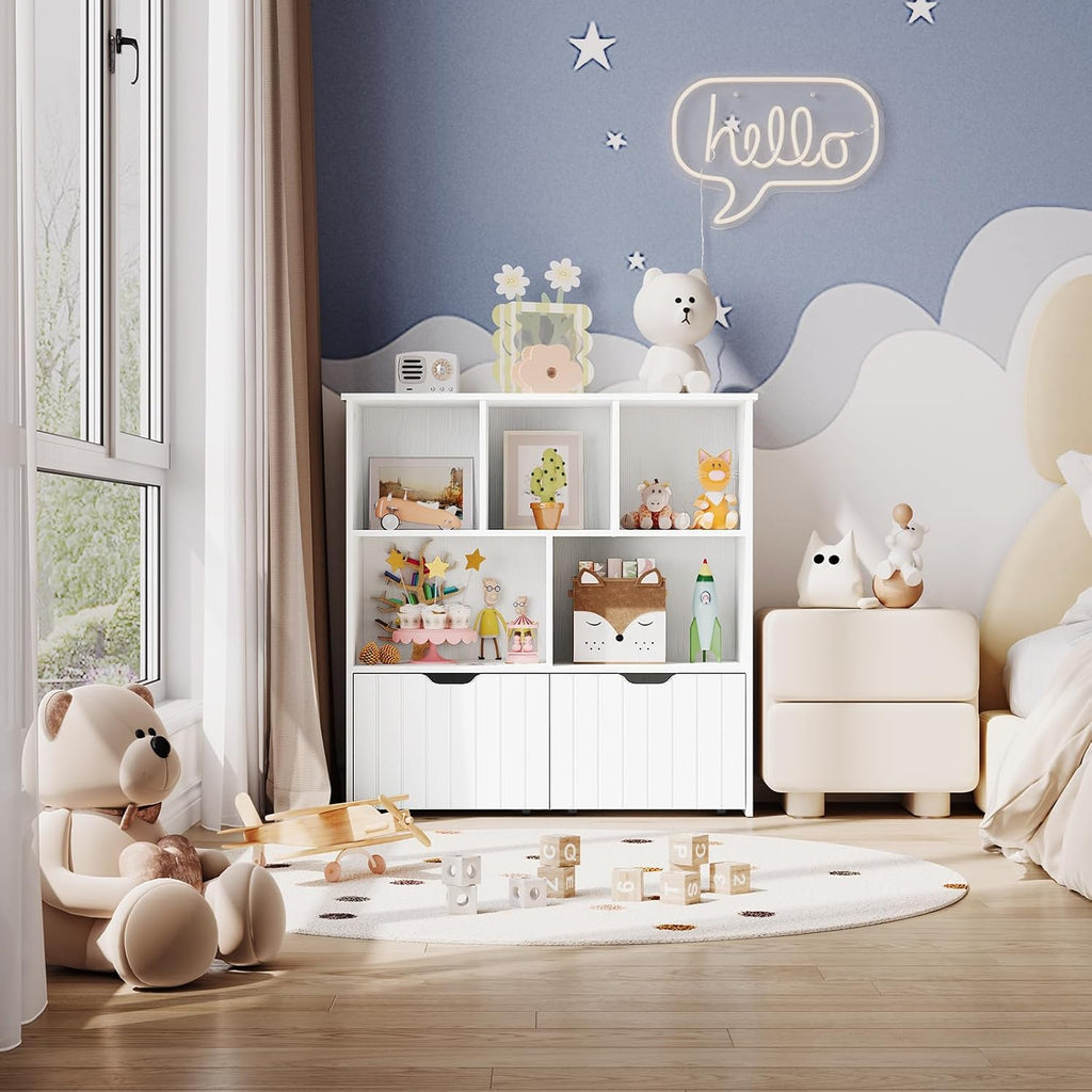 HOOBRO Toy Storage Organizer, Toy Organizers and Storage with 2 Movable Drawers and 5 Cubbies, Toy Chest Shelf for Books or Dolls, Kids Bookshelf and Toy Storage for Playroom, White WT88CW01