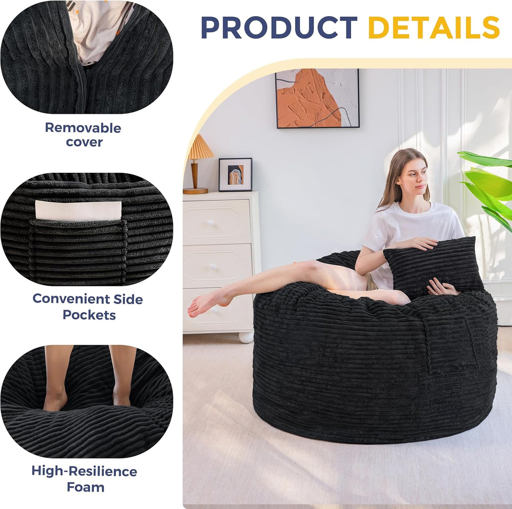 MAXYOYO Giant Bean Bag Chair Bed with Pillow, Convertible Beanbag Sofa to Floor Bed, Lazy Chair Couch with Removable Cover, High-Density Shredded Foam Filling, Cozy Lounge for Bedroom Living Room