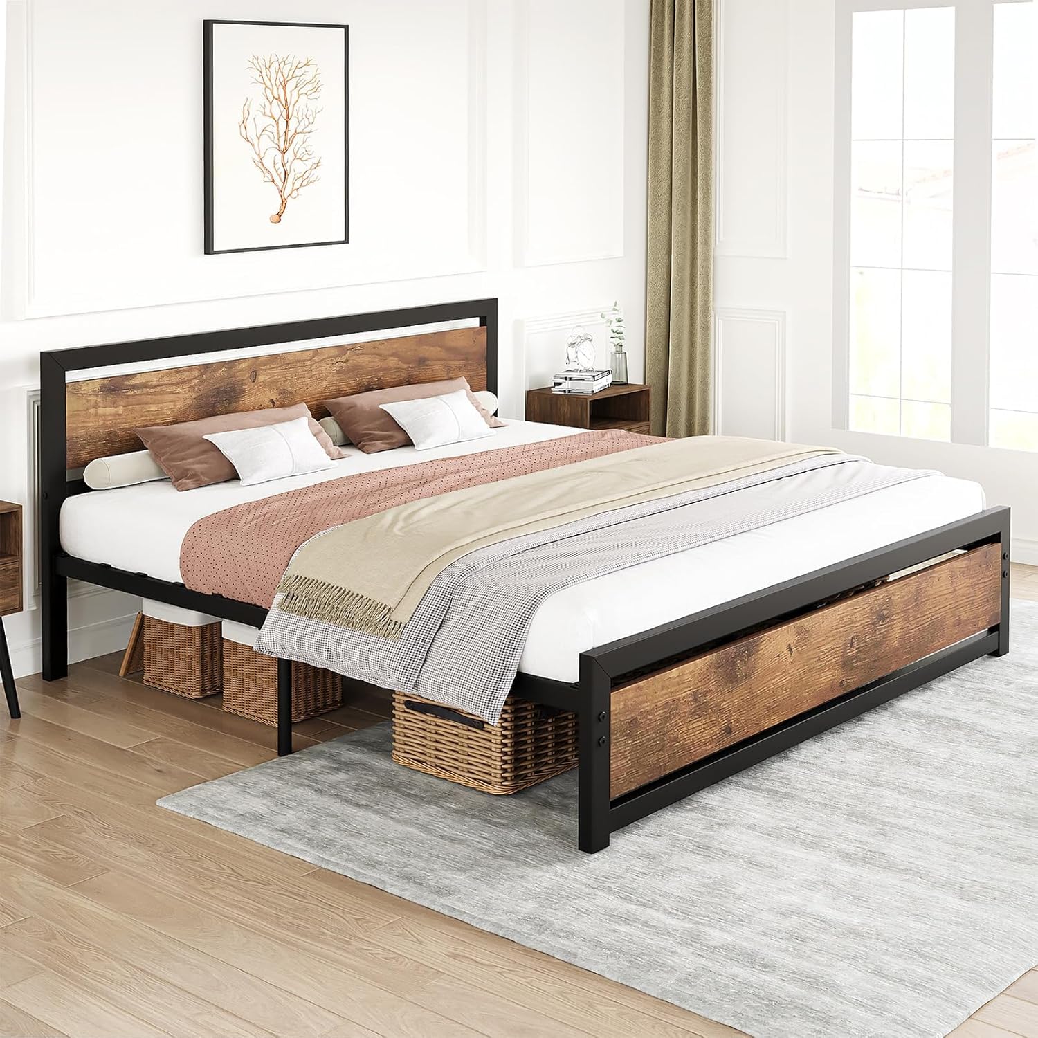 IDEALHOUSE King Size Bed Frame with Wooden Headboard and Footboard, Industrial King Bed Platform No Box Spring Needed, 14 Inch Easy Assemble Mattress Bedframe