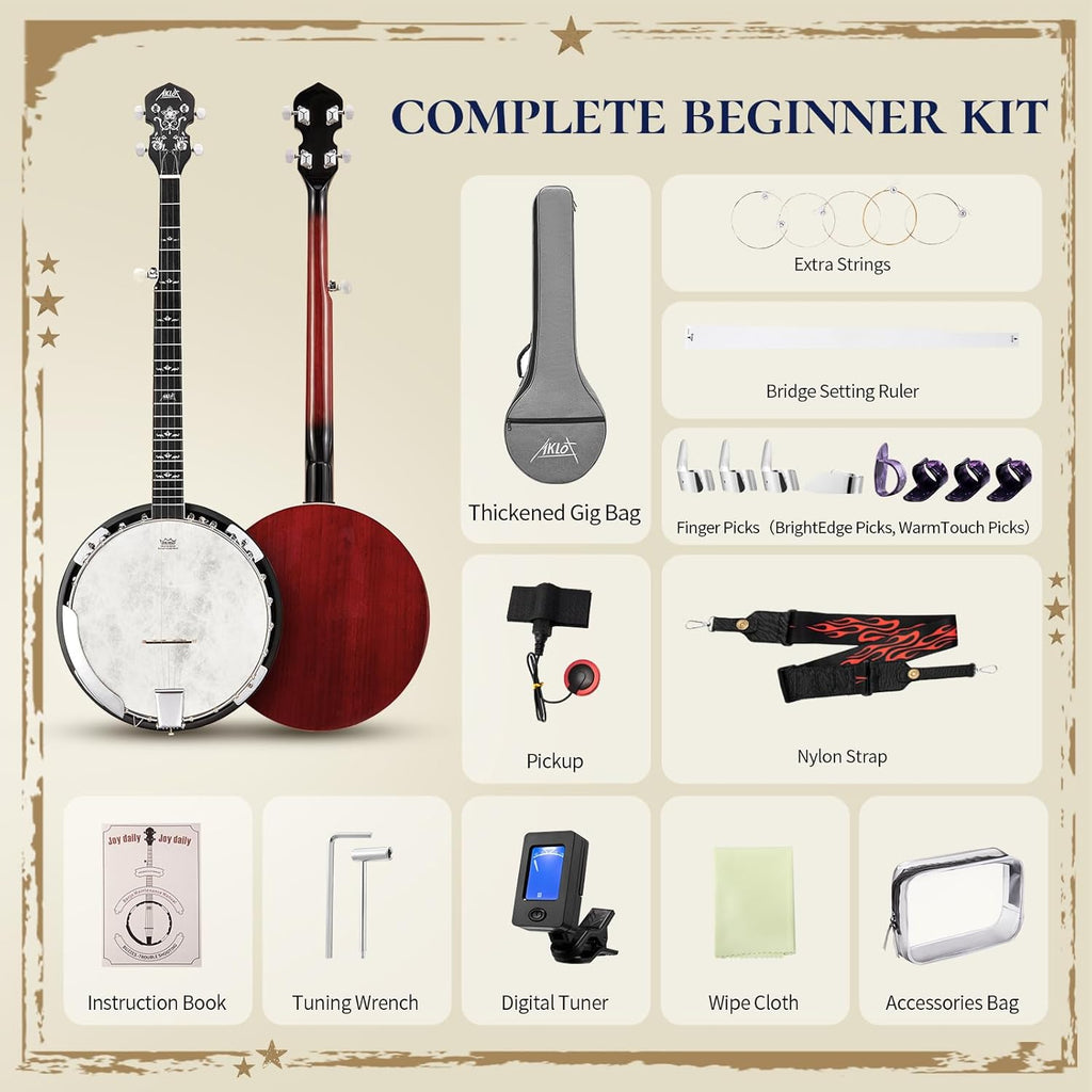 AKLOT Full-Sized Banjo with Remo Head: 38'' 5 String Banjo Set with Removable Resonator, Geared 5th Tuner, 24 Brackets, Deluxe Beginner Kit with Gig Bag, Strings, Strap, Picks, Tuner, Bridge Ruler（01）