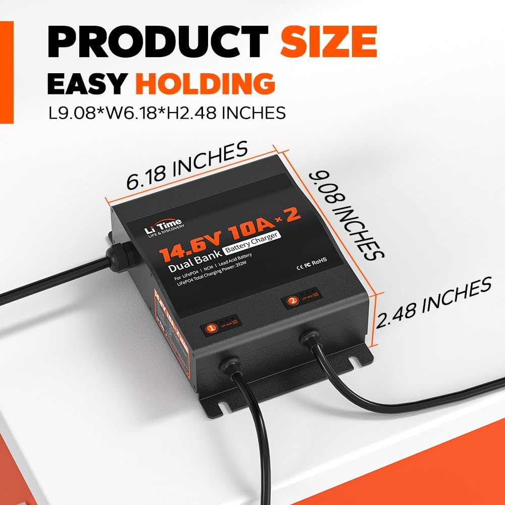 LiTime 2-Bank 10A (10A/Bank) Dual Smart Battery Charger, 14.6V LiFePO4 Battery Charger AC-DC Charger with Fuse, LED Indicator for RV, Boat, Motorcycle, Lawn Mower, Trolling motor and Lead Acid Battery