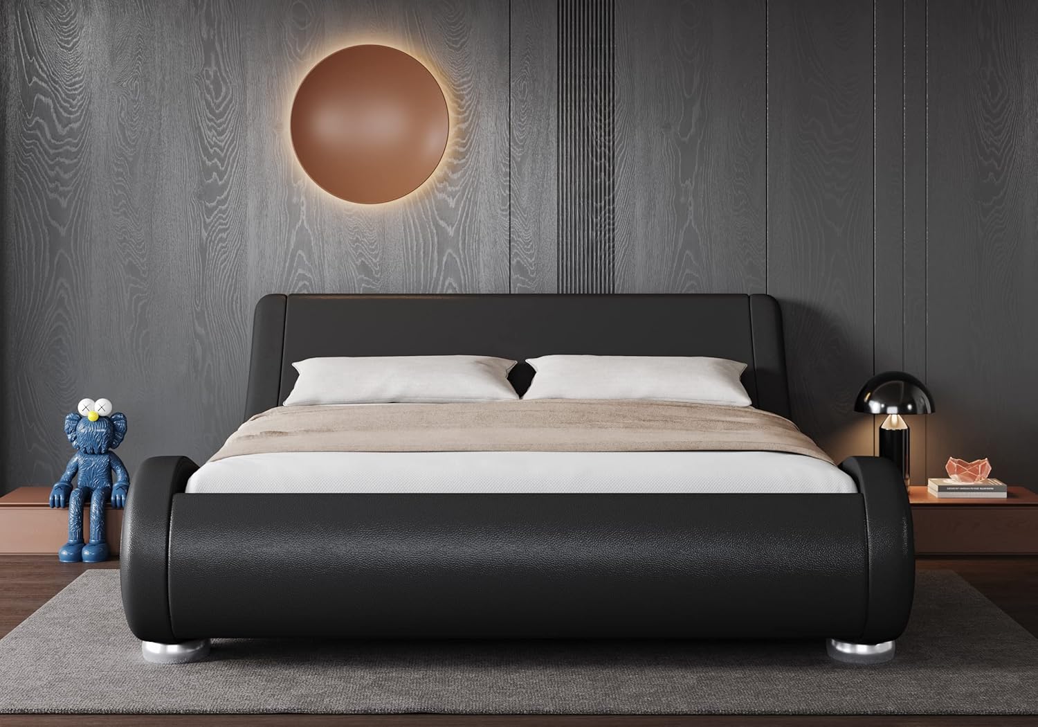 Allewie Queen Size Bed Frame with Ergonomic & Adjustable Headboard, Low Profile Modern Upholstered Platform Sleigh Design - Easy Assembly, No Box Spring Required, Black
