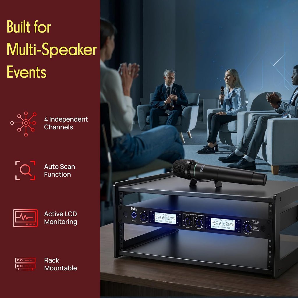 Pyle 4 Channel UHF Wireless Microphone System with 2 Handheld Mics, 2 Lavalier 2 Headsets & Beltpack Transmitters, 300ft Range, Rack Mount Receiver for Church, Meetings, DJ & PA Systems