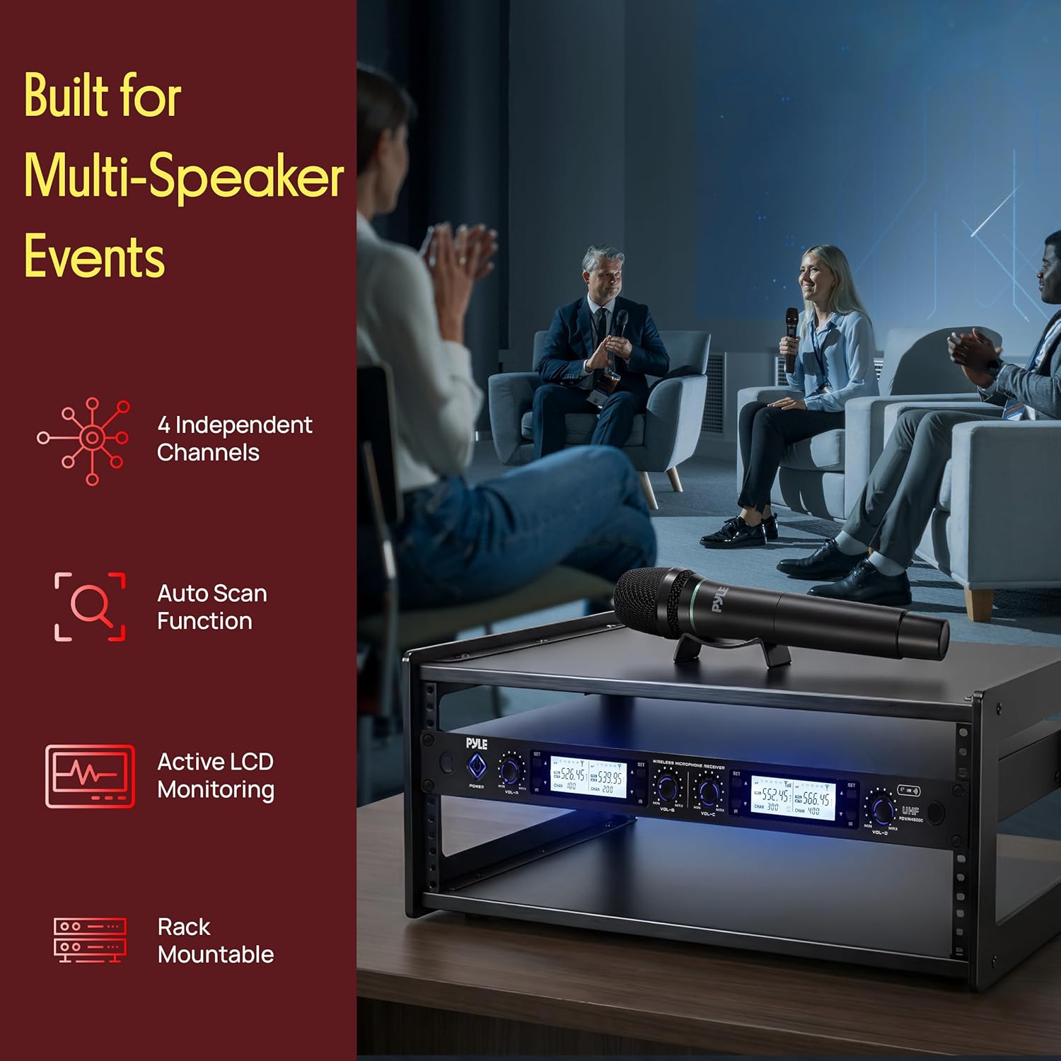 Pyle 4 Channel UHF Wireless Microphone System with 2 Handheld Mics, 2 Lavalier 2 Headsets & Beltpack Transmitters, 300ft Range, Rack Mount Receiver for Church, Meetings, DJ & PA Systems