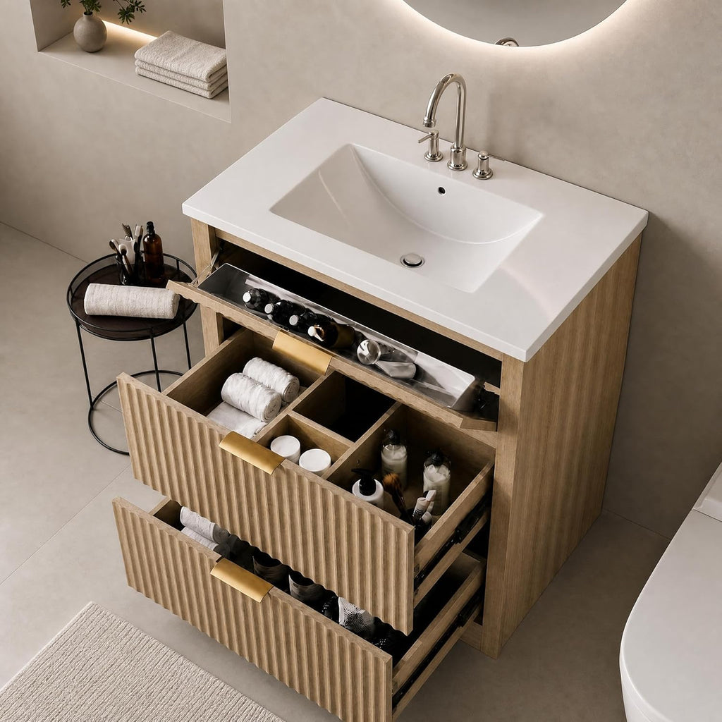 GarveeHome 30 Inch Bathroom Vanity with Sink, Fluted Freestanding Vanity Cabinet with 2 Drawers and 1 Flip-Down Drawer, Ceramic Basin Vanity Combo Set for Small Bathroom, Natural Oak