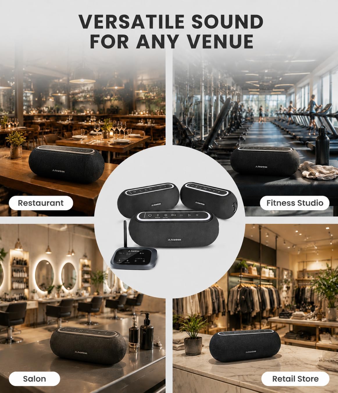 Avantree Harmony A2 – Wireless Auracast Speaker System for Whole-Home Background Audio, Expandable Setup, One-Button Control, Bluetooth/Optical/AUX Input, for Restaurants, Stores & Small Venues