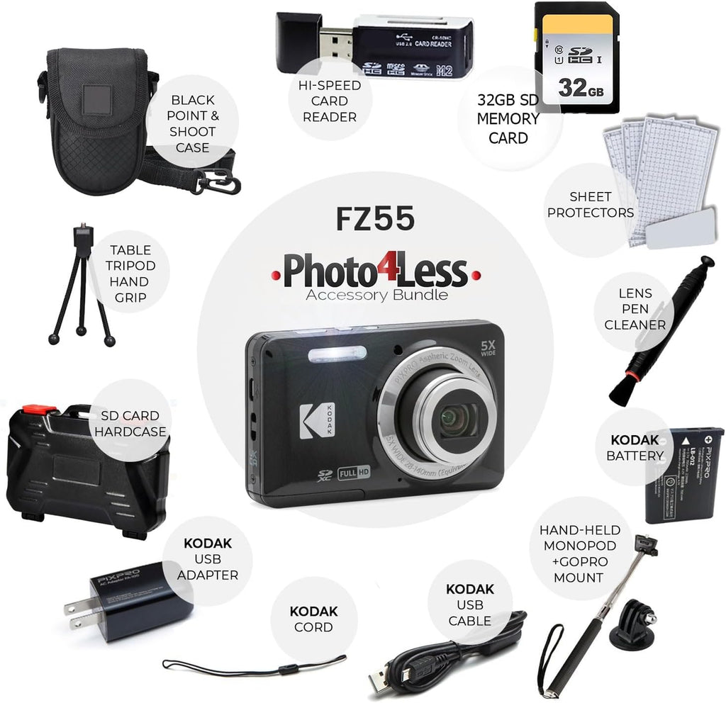Kodak PIXPRO FZ55 Digital Camera (Black) + 32GB Memory Card + Point and Shoot Camera Case + Extendable Monopod + Lens Cleaning Pen + LCD Screen Protectors + Table Top Tripod â€“ Ultimate Bundle