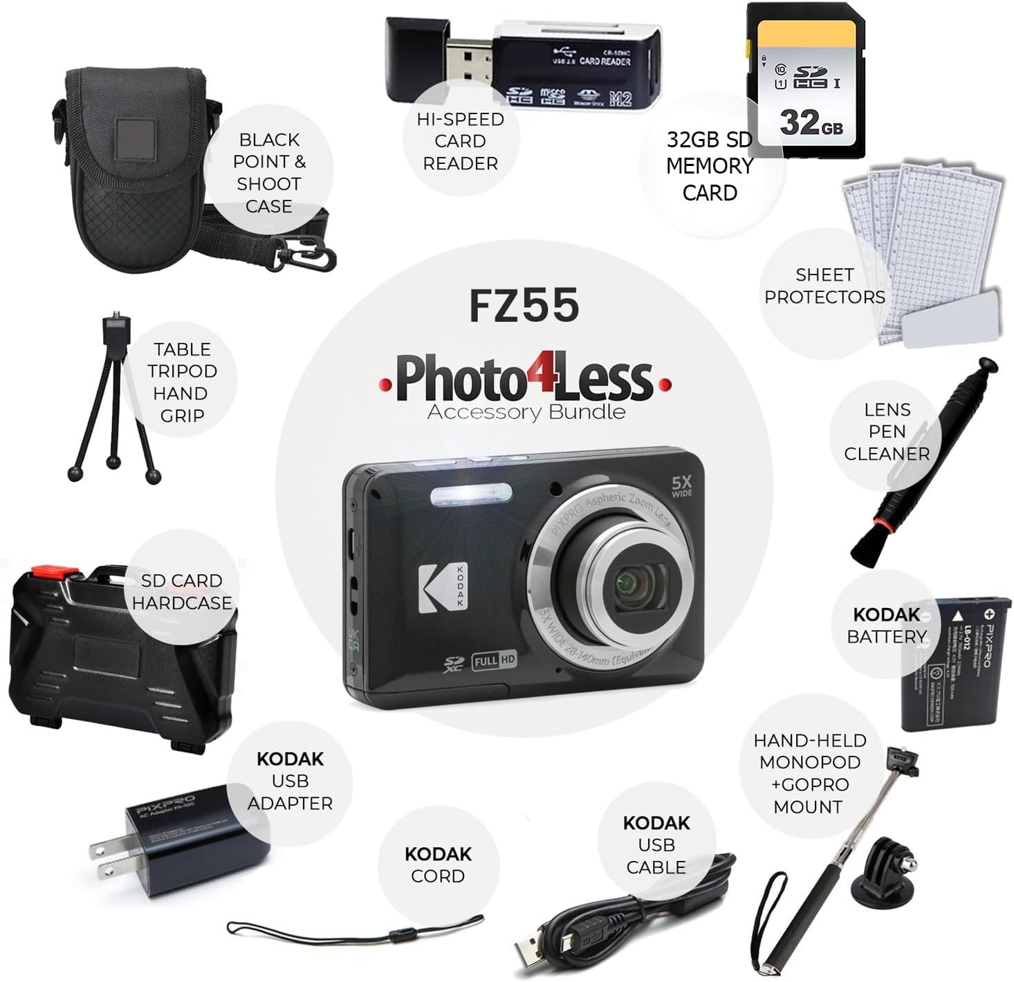 Kodak PIXPRO FZ55 Digital Camera (Black) + 32GB Memory Card + Point and Shoot Camera Case + Extendable Monopod + Lens Cleaning Pen + LCD Screen Protectors + Table Top Tripod â€“ Ultimate Bundle