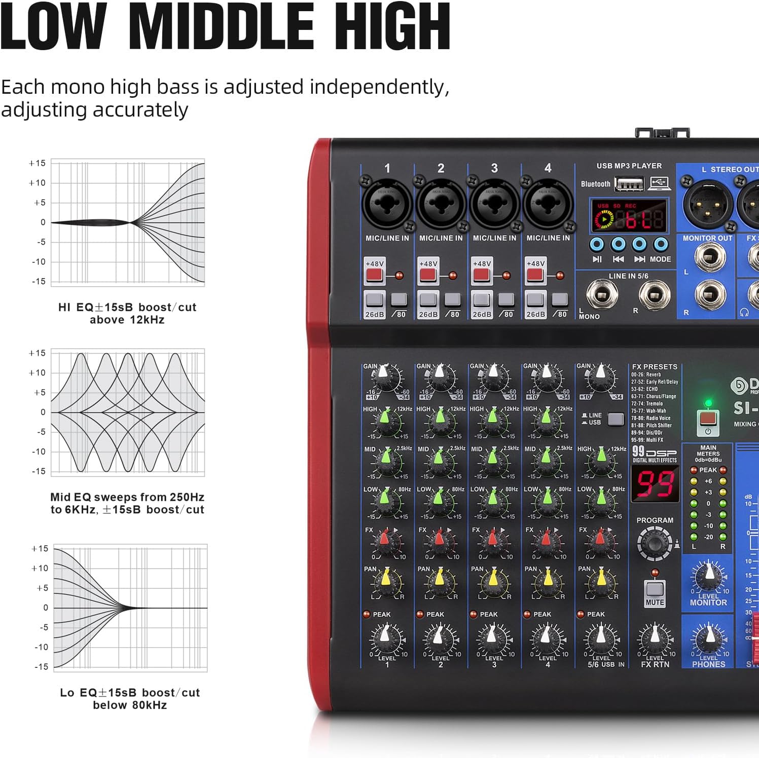 D Debra SI Series Professional Portable Recording Mixer Audio with 99 DSP Digital Effects Mic Preamps and USB for DJ Mixer Console Karaoke Home Recording Studio (SI-6UX)
