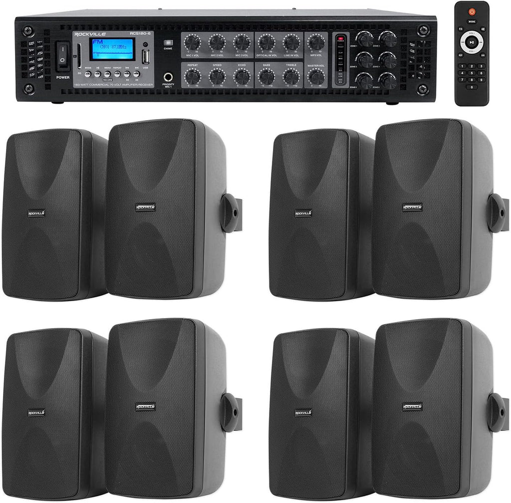 Rockville WET-7020B Bundle: (4) Pairs 5.25-in 70V Indoor/Outdoor Wall Speakers, RCS180-6 180-Watt 6-Zone 70V Commercial Amplifier with Bluetooth, IPX55, 5-Items