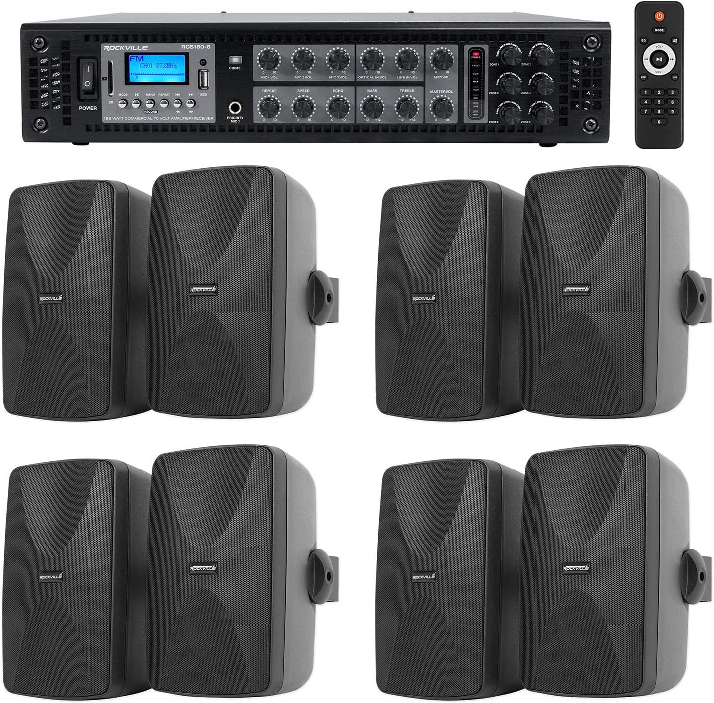 Rockville WET-7020B Bundle: (4) Pairs 5.25-in 70V Indoor/Outdoor Wall Speakers, RCS180-6 180-Watt 6-Zone 70V Commercial Amplifier with Bluetooth, IPX55, 5-Items