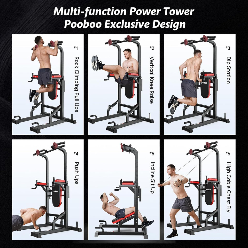 Pooboo Power Tower Dip Station Pull Up Bar for Fitness Home Gym Workout,450 Pounds Multi-Function Adjustable Height Fitness Strength Training Exercise Equipment,with Power Elastic Ropes