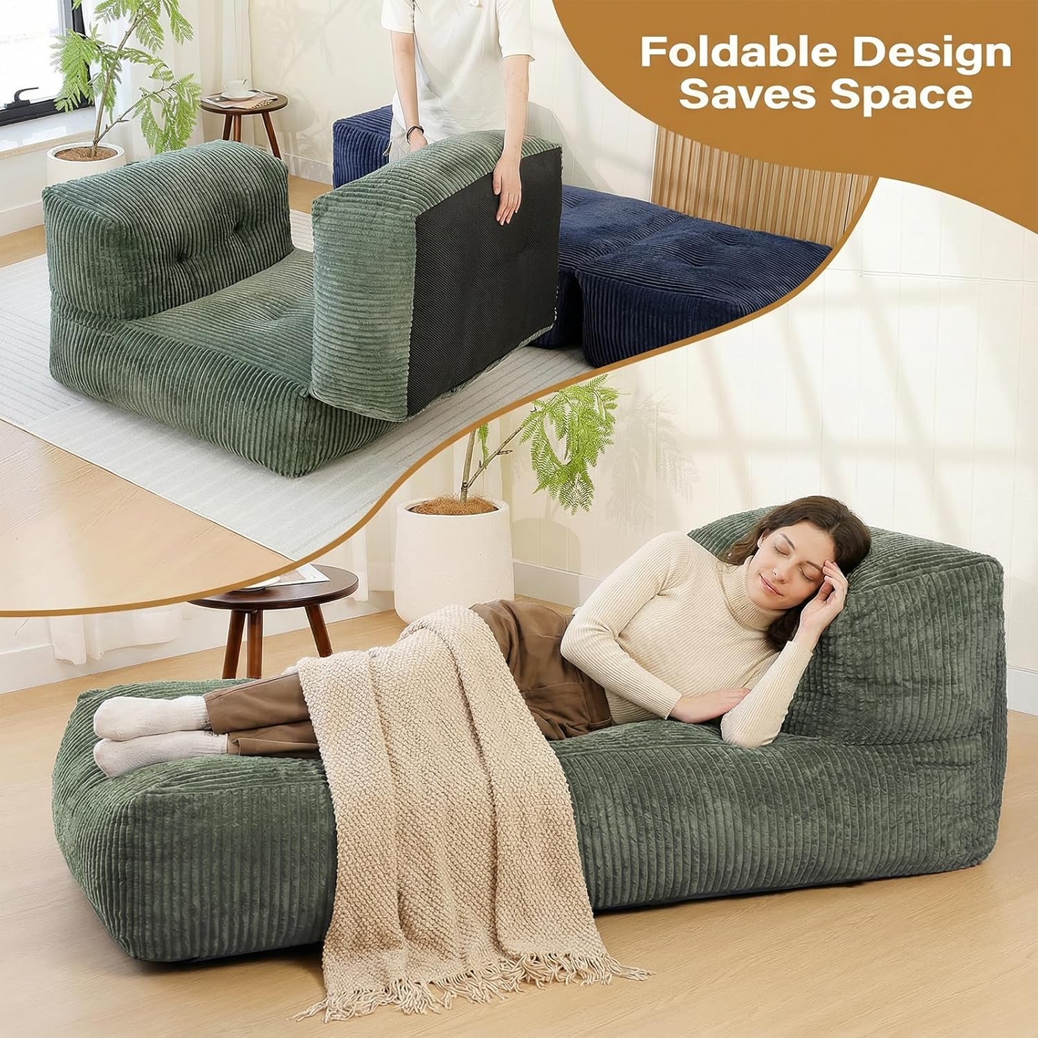 Big Bean Bag Chair for Adults, 66.9"x31.5" Lounger Large Bean Bag Sofa, Memory Foam Filled Beanbag Chair for Living Room, Bedroom, Balcony - Ergonomic Support & Premium Comfort (Green)