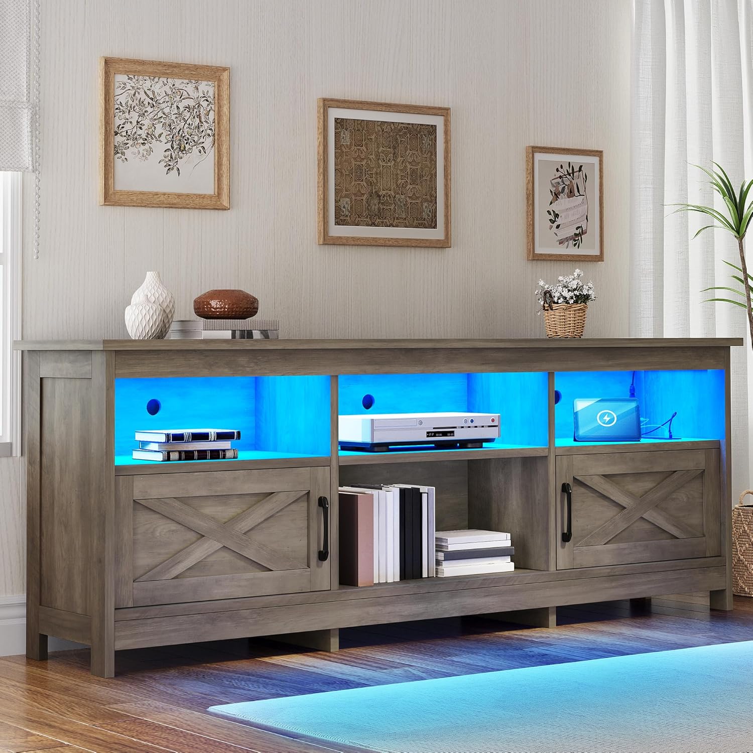 YITAHOME TV Stand for 80/75/70 Inch TVs, Farmhouse Entertainment Center with LED Lights & Storage Cabinets, Open Shelves & Adjustable Shelf, TV Consoles for Living Room, Washed Gray