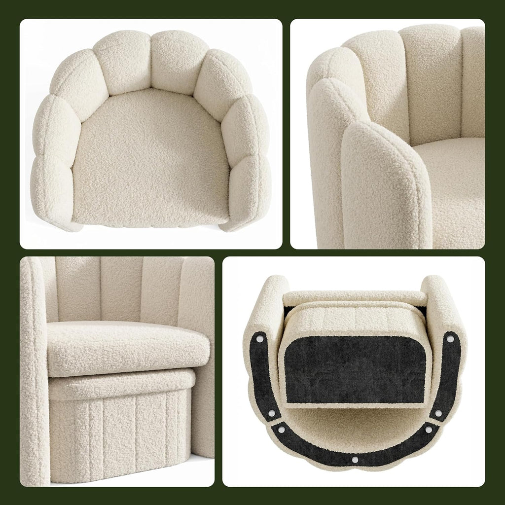 Homkdom Barrel Accent Chair with Storage Ottoman, Teddy Fleece Shell Back with Lumbar Support, Spring Foam Seat, 300 lbs, for Bedroom Reading Corner, Creamy White