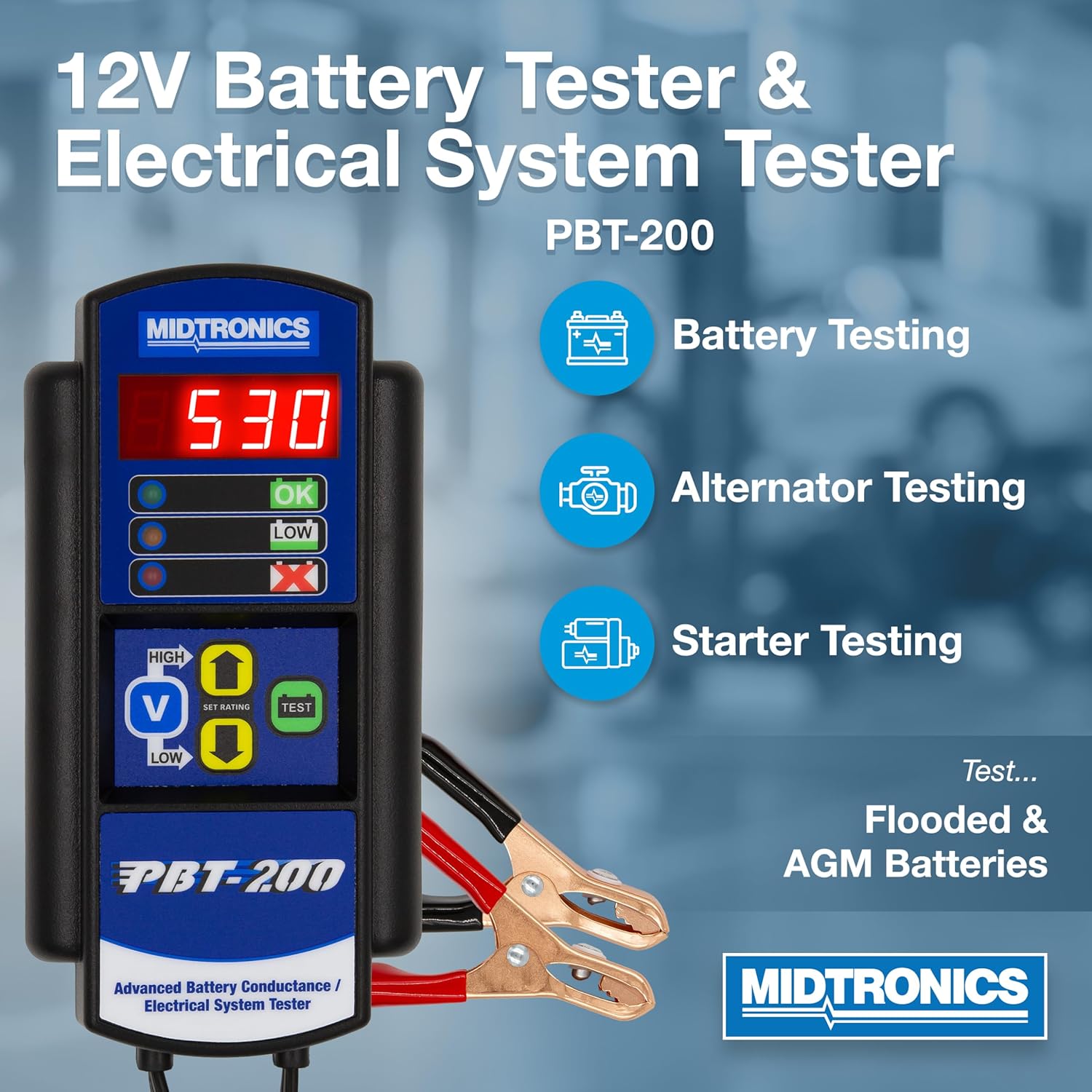 Midtronics - 12V Advanced Automotive Battery Diagnostic Tool Electrial System Tester, PBT-200 - 200-850 CCA Battery Load Tester Cranking and Charging System - Conductance Testing-Service Diagnostics