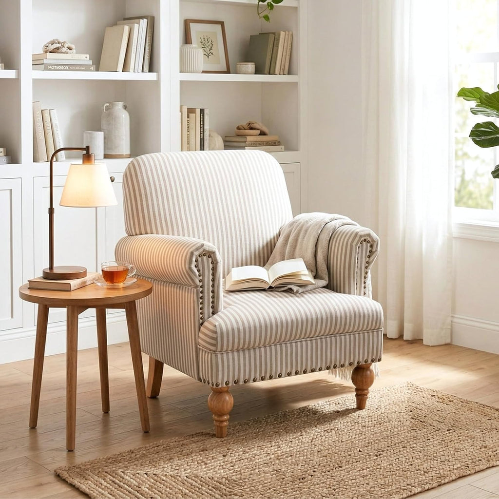 Khaki Striped Linen Fabric Accent Chairs Set of 2, Modern Farmhouse Upholstered Armchairs with Nailhead Trim & Ball Turned Legs, Cottage Club Chairs for Living Room Bedroom Guest Room