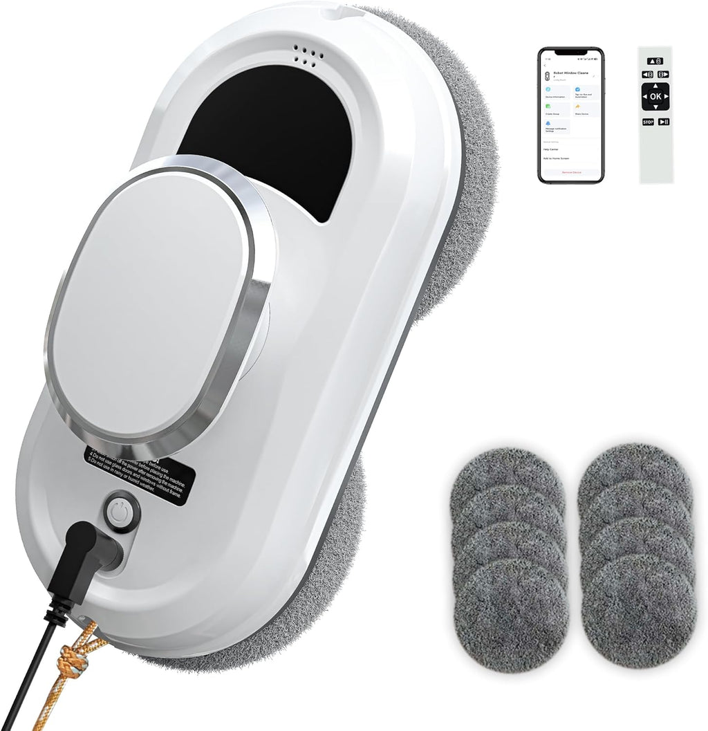 Automatic Window Cleaning Robot,Smart Robot Window Cleaner Inside/Outside,3000Pa Suction,Edge Detection,Intelligent Path Planning,Remote Control for high Glass,Shower,Mirror with 10 Rags(White)