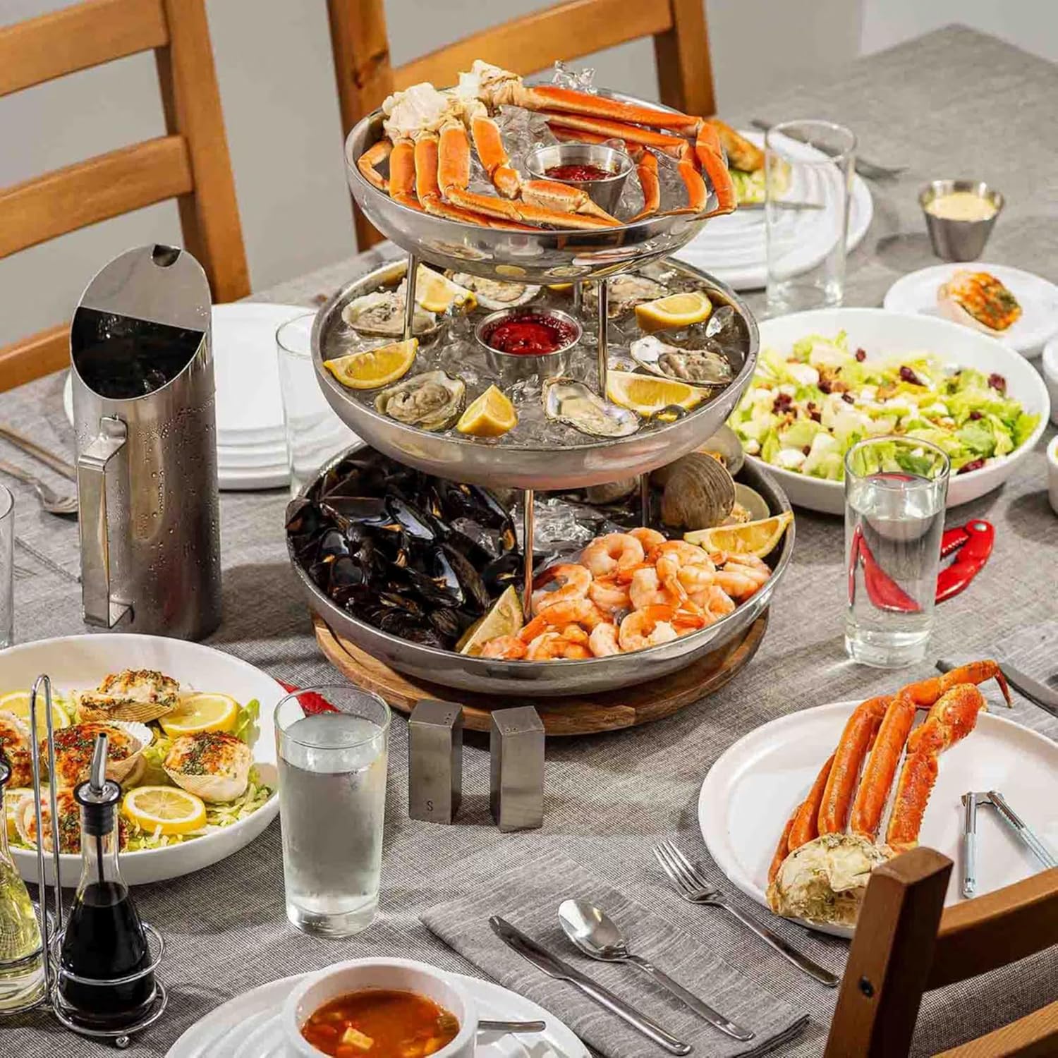 TableCraft 12913 Three-Tiered Seafood Tower, Double-Wall Stainless Steel Display with Polished Mirror Finish, Round 10", 12" & 14" Bowls, Elevated Chilled Presentation, 14" x 14" x 13.75", Silver