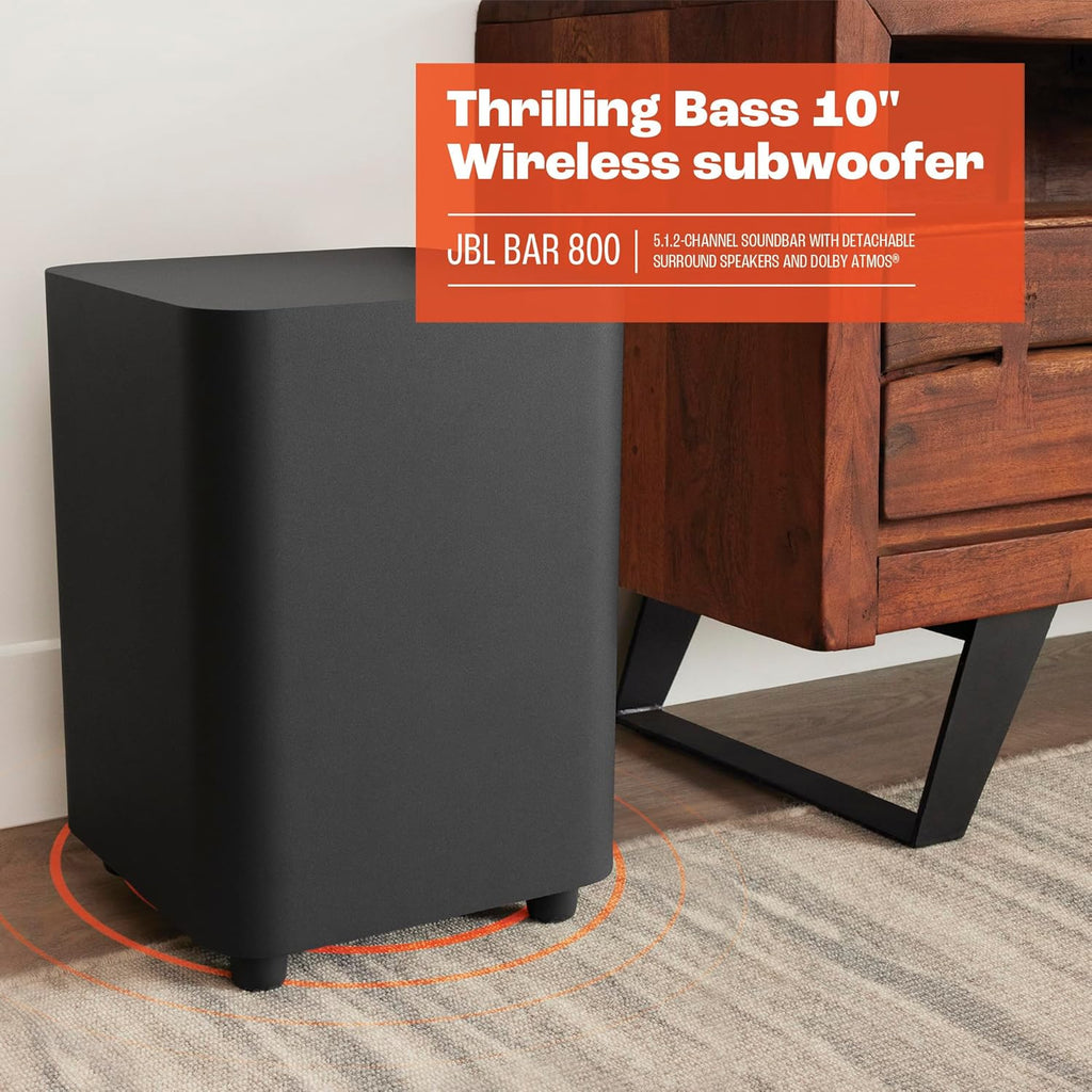 JBL Bar 800 5.1.2-Channel Soundbar with Dolby Atmos, Detachable Surround Speakers, 10" Wireless Subwoofer, Built-in Wi-Fi with AirPlay, Chromecast, Black, Renewed