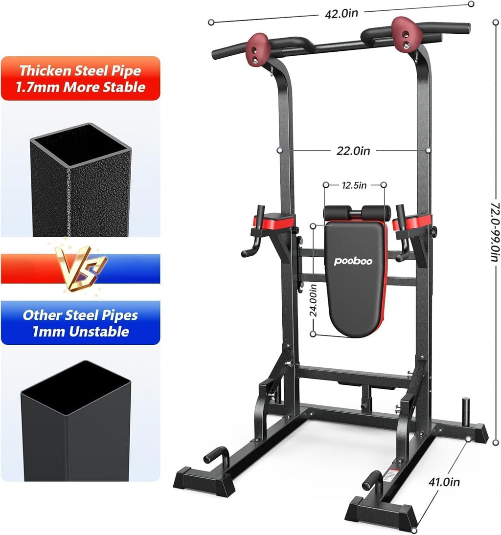Pooboo Power Tower Dip Station Pull Up Bar for Fitness Home Gym Workout,450 Pounds Multi-Function Adjustable Height Fitness Strength Training Exercise Equipment,with Power Elastic Ropes
