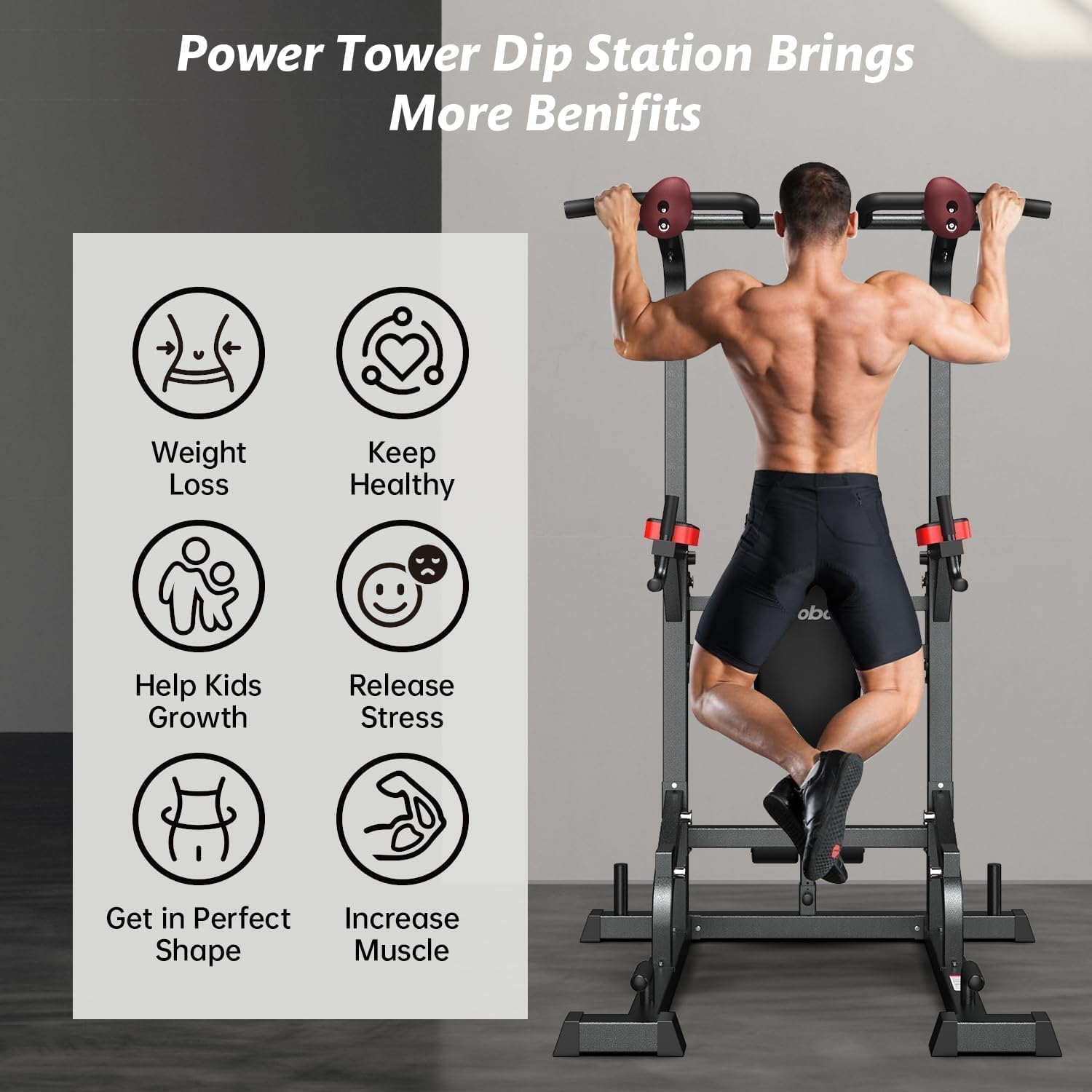 Pooboo Power Tower Dip Station Pull Up Bar for Fitness Home Gym Workout,450 Pounds Multi-Function Adjustable Height Fitness Strength Training Exercise Equipment,with Power Elastic Ropes