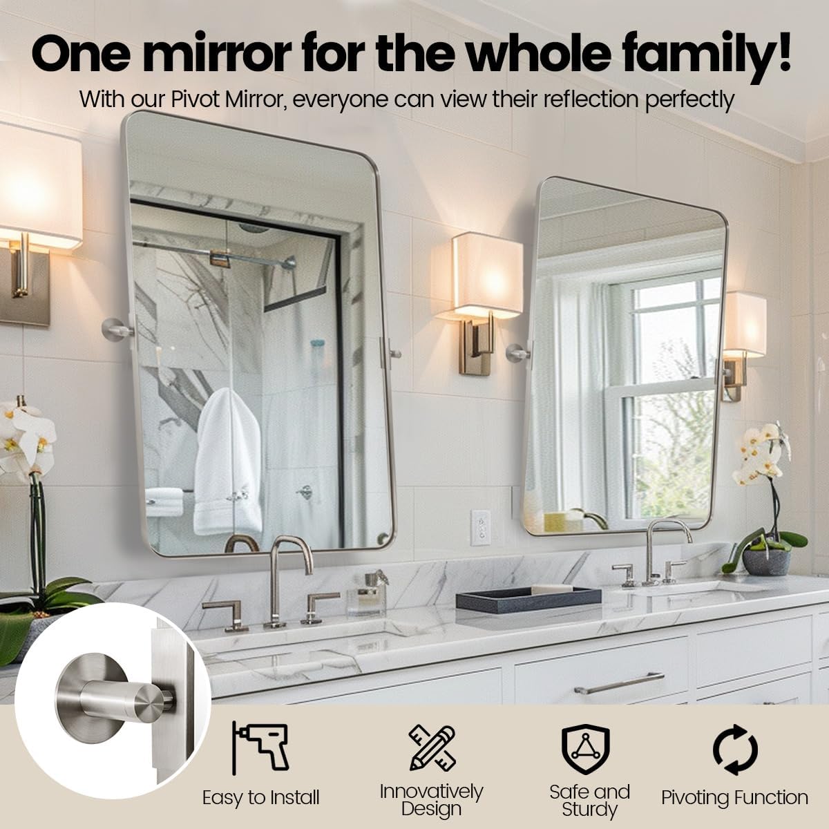 MOON MIRROR Brushed Nickel Pivot Mirror for Bathroom, Tilt Rounded Rectangle for Vanity, Overall 28.33 x 32 in (Mirror 24x 32 in)