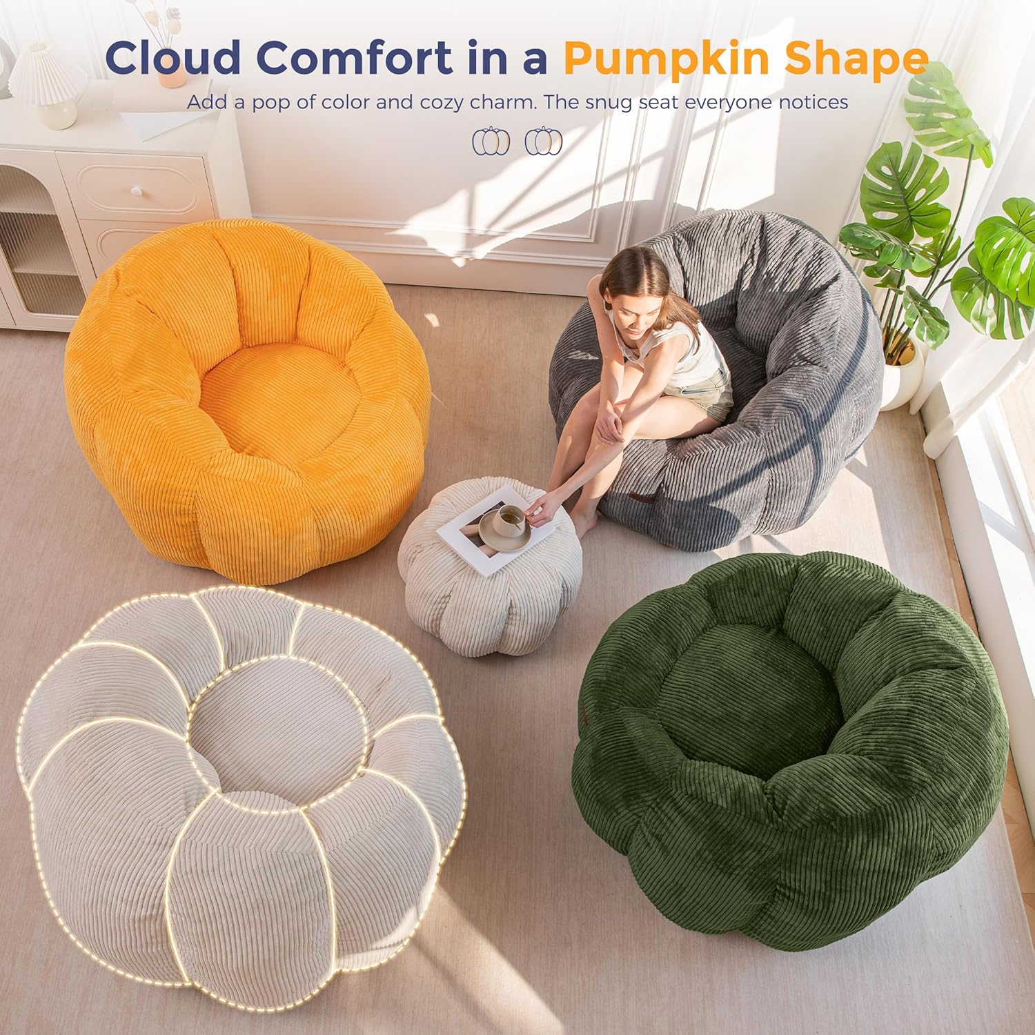 MAXYOYO Giant Bean Bag Chair with Ottoman, Pumpkin-Shaped Bean Bag Sofa with Footstool, Oversized Boneless Couch Chair in a Box, Comfy and Lazy Lounge for Dorm, Living Room, Bedroom, Dark Grey