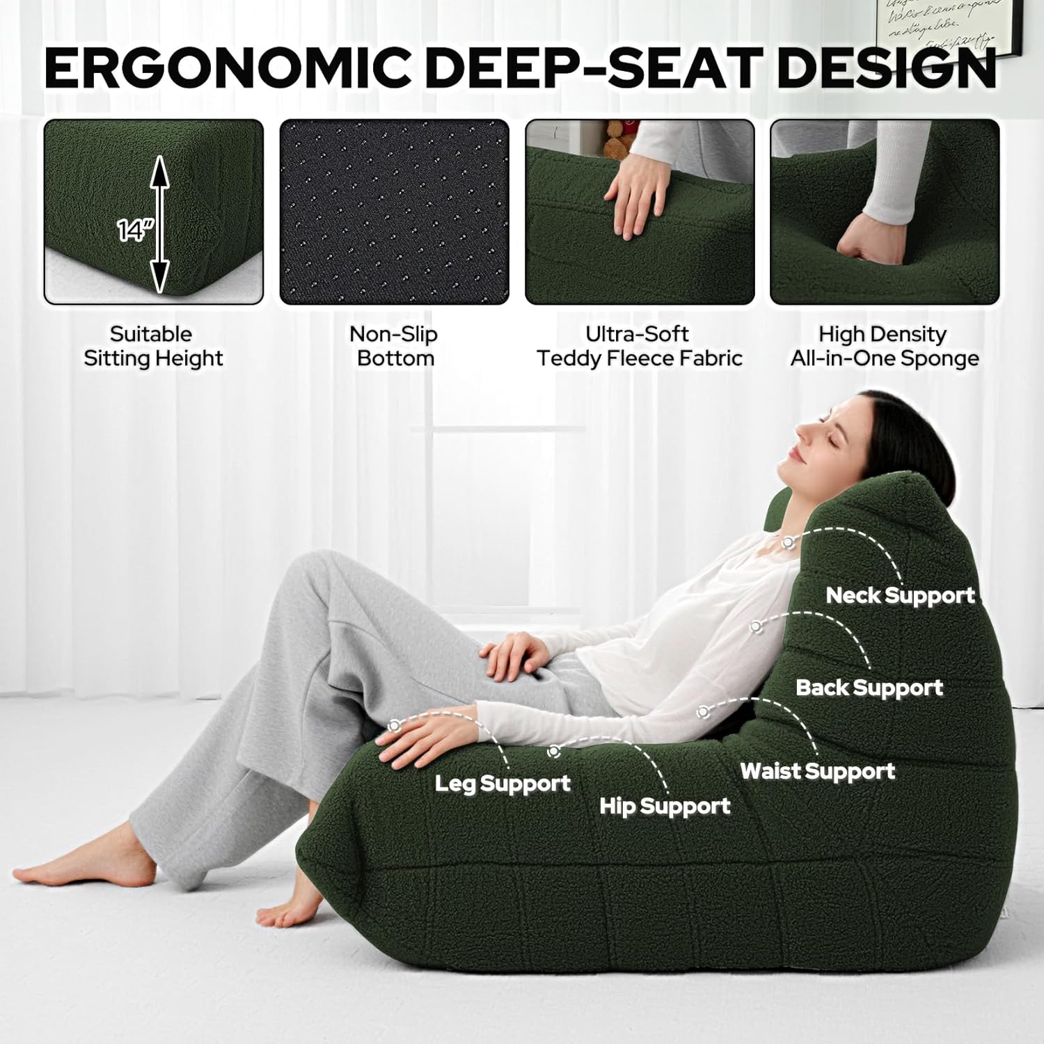 HABUTWAY Bean Bag Chairs Fireside Lazy Floor Sofa, Soft Teddy Fleece Bean Bag Sofa with High-Resilience Foam Filling .Beanbag for Living Room, Bedroom, Office (Green Teddy)
