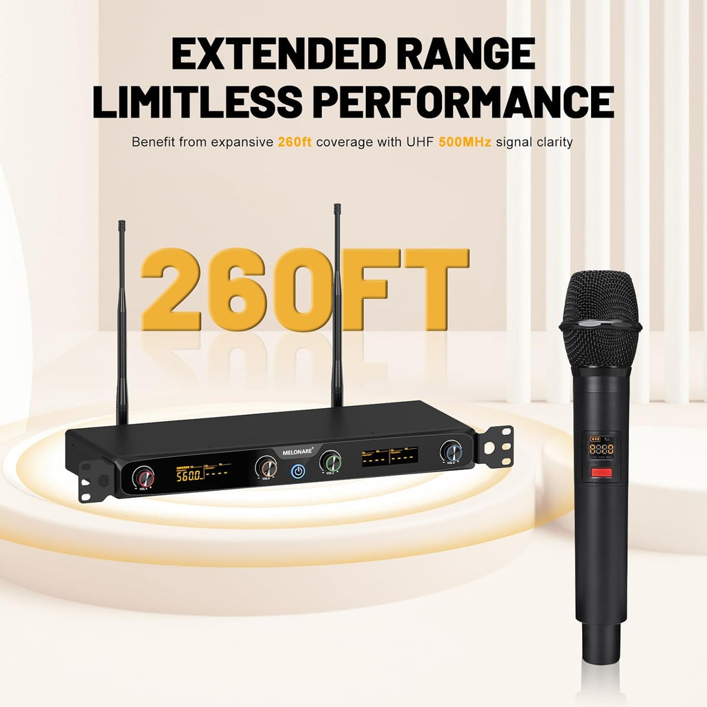 MELONARE 4-Channel Wireless Microphone System, UHF Rackmountable Cordless Mic Set w/ 4X 10 Frequencies, 260ft Range, Dynamic Handheld Microphone for Singing, Karaoke, Church, DJ, Party (MWM-41F)
