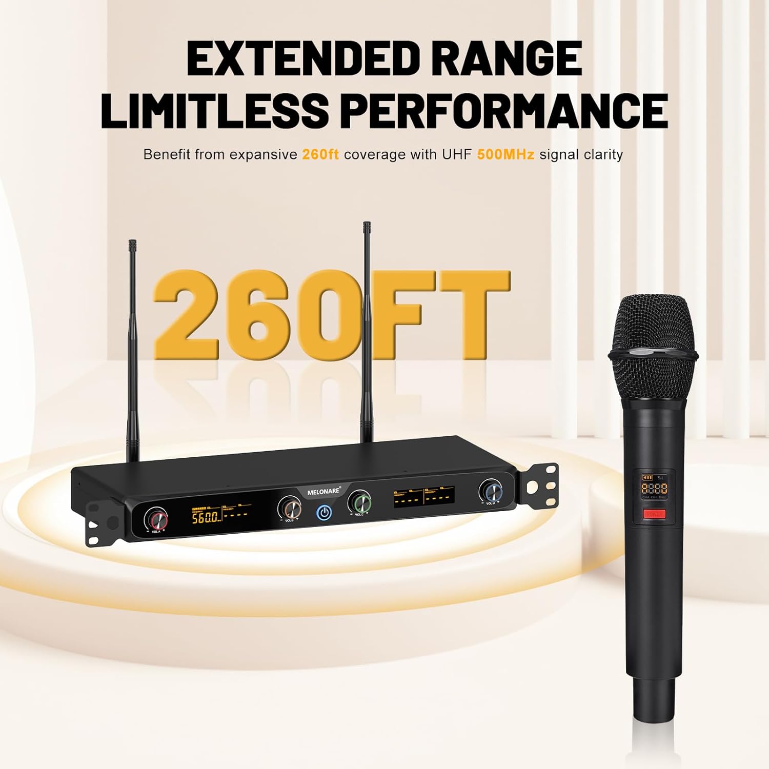 MELONARE 4-Channel Wireless Microphone System, UHF Rackmountable Cordless Mic Set w/ 4X 10 Frequencies, 260ft Range, Dynamic Handheld Microphone for Singing, Karaoke, Church, DJ, Party (MWM-41F)