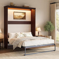 AMERLIFE Queen Size Murphy Bed with LED Light, Farmhouse Foldable Wall Bed with Charging Station & Gas Struts, Space-Saving Hidden Bedframe for Guest Room, Bedroom & Home Office, Brown