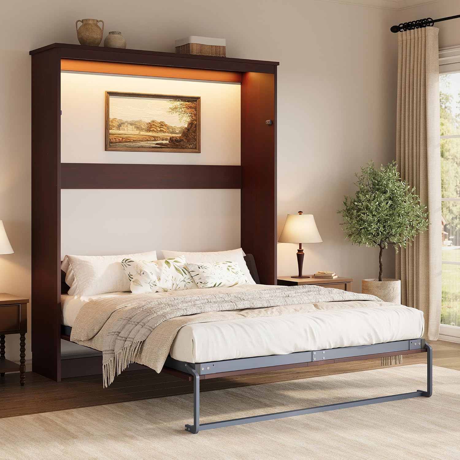 AMERLIFE Queen Size Murphy Bed with LED Light, Farmhouse Foldable Wall Bed with Charging Station & Gas Struts, Space-Saving Hidden Bedframe for Guest Room, Bedroom & Home Office, Brown
