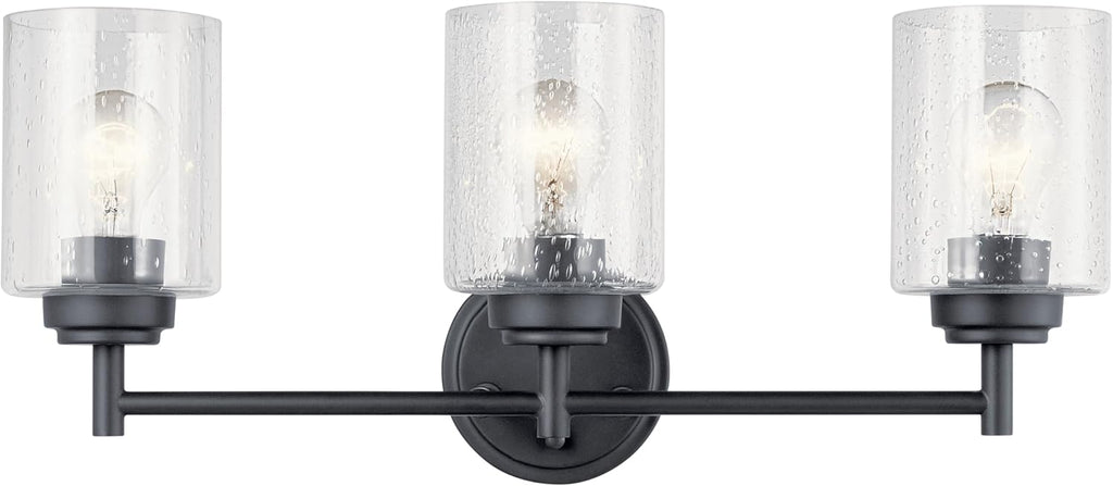 Kichler Winslow 21.5" 3-Light Bathroom Vanity Light Fixture with Clear Seeded Glass in Black, Modern Wall Mount Lighting for Mirror over Vanity in Bathroom, 45886BK
