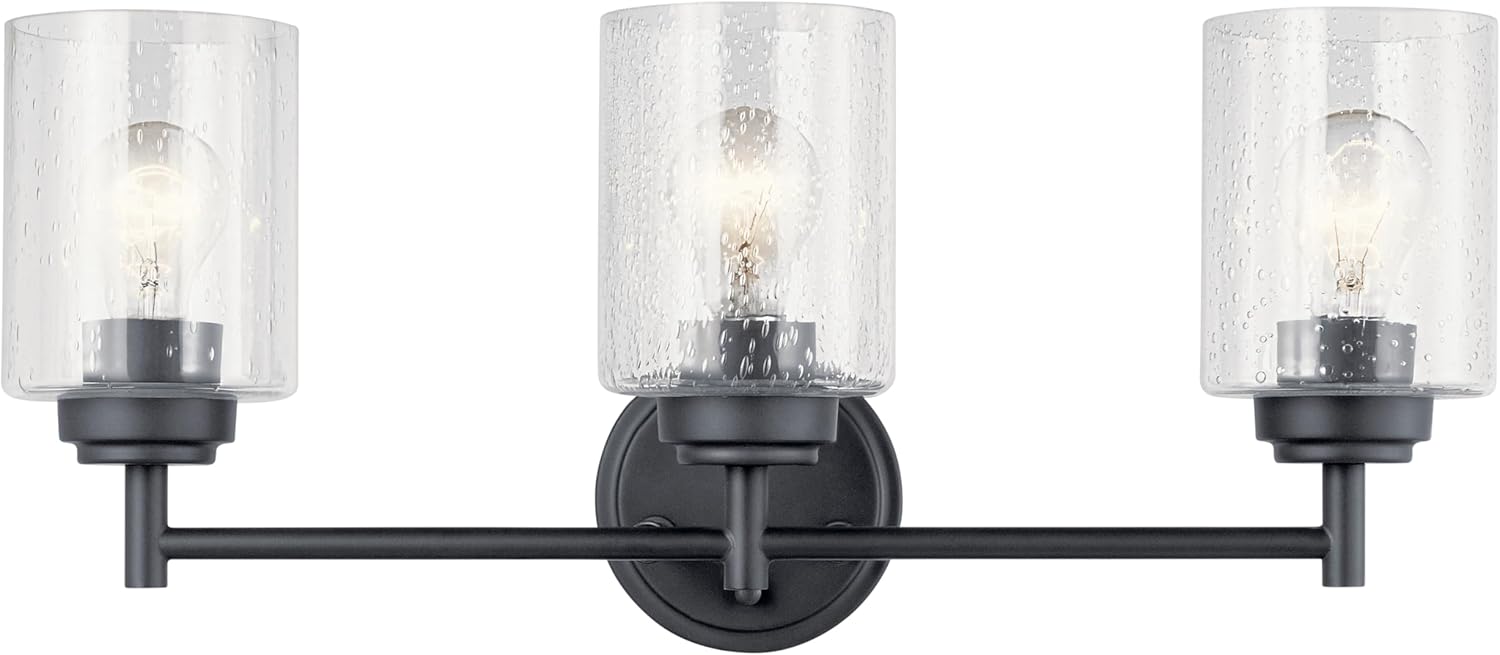 Kichler Winslow 21.5" 3-Light Bathroom Vanity Light Fixture with Clear Seeded Glass in Black, Modern Wall Mount Lighting for Mirror over Vanity in Bathroom, 45886BK