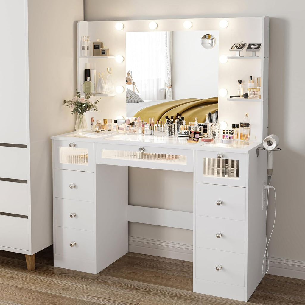 White Vanity with Lighted 23.5” Mirror, Glass Top Vanity Desk with 9 Drawers & 3 Color Hollywood Bulbs & 4 Shelves & Acrylic & Power Outlet, Makeup Desk Dressing Table for Bedroom