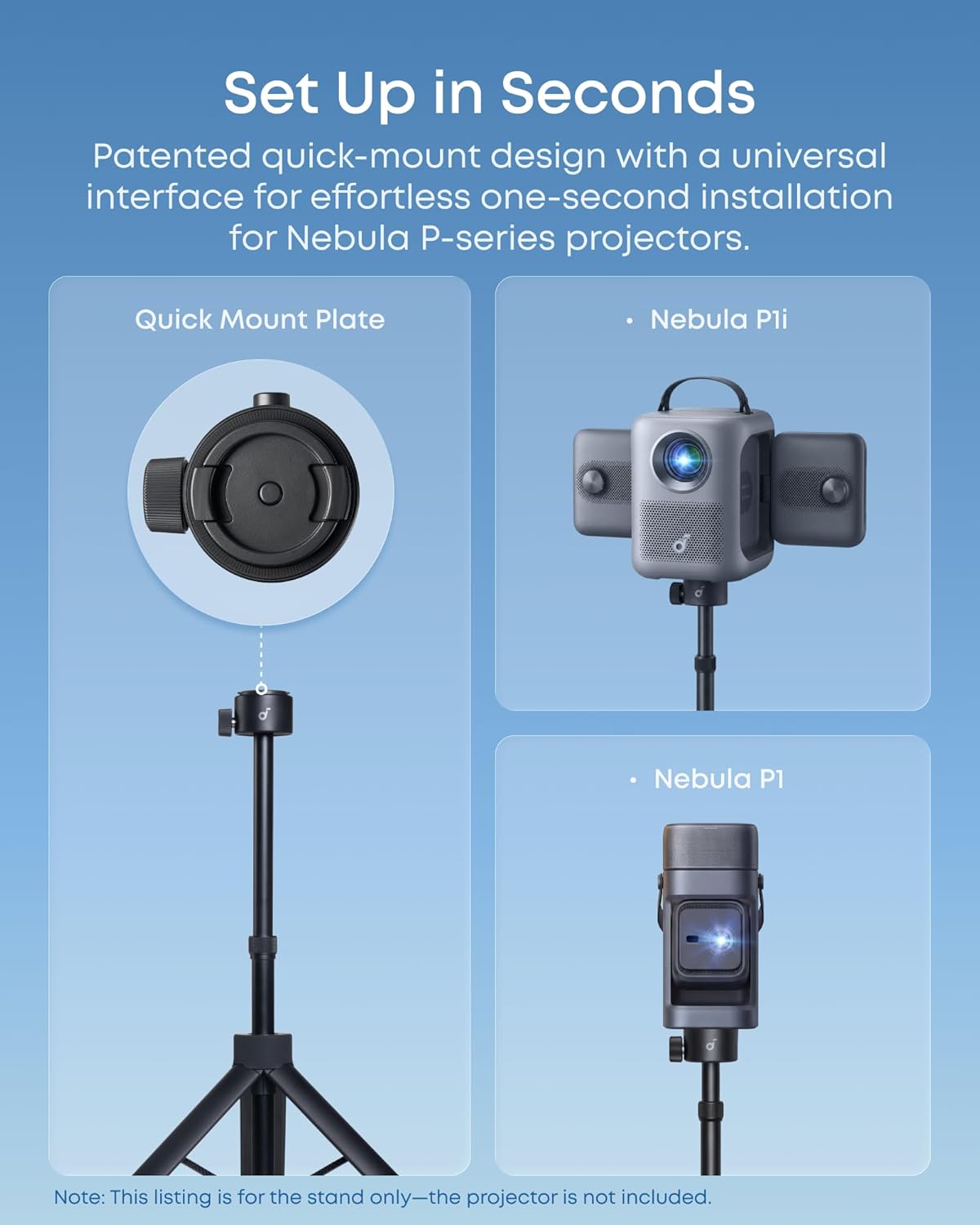 Nebula Quick-Mount Projector Stand, 1s Quick-Mount for Nebula P-Series Projectors, Universal Compatibility for More Projectors, 3.3kg Stable Support, 34cm Compact Foldable Design.