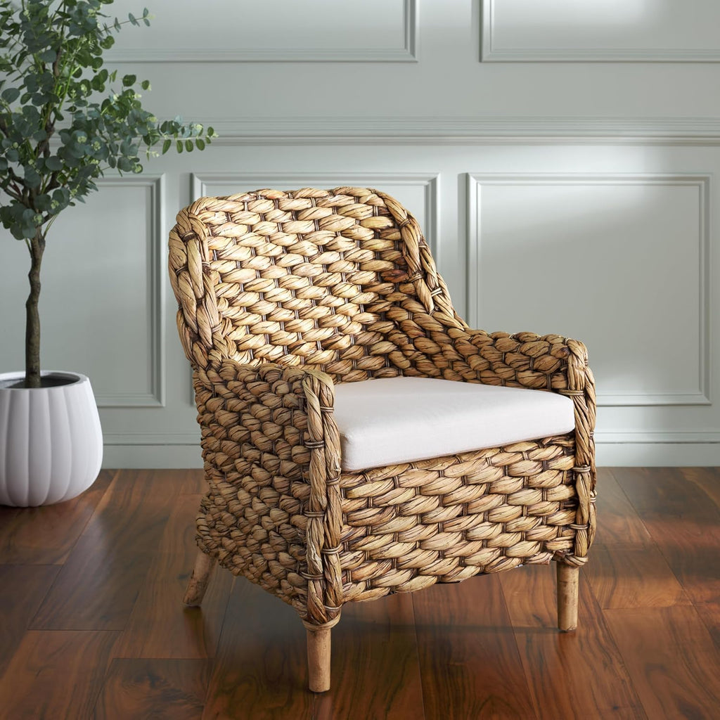 SAFAVIEH Home Collection Purrl Tropical Coastal Brown Wash Solid Wood Hyacinth Accent Chair with Cushion (Fully Assembled)