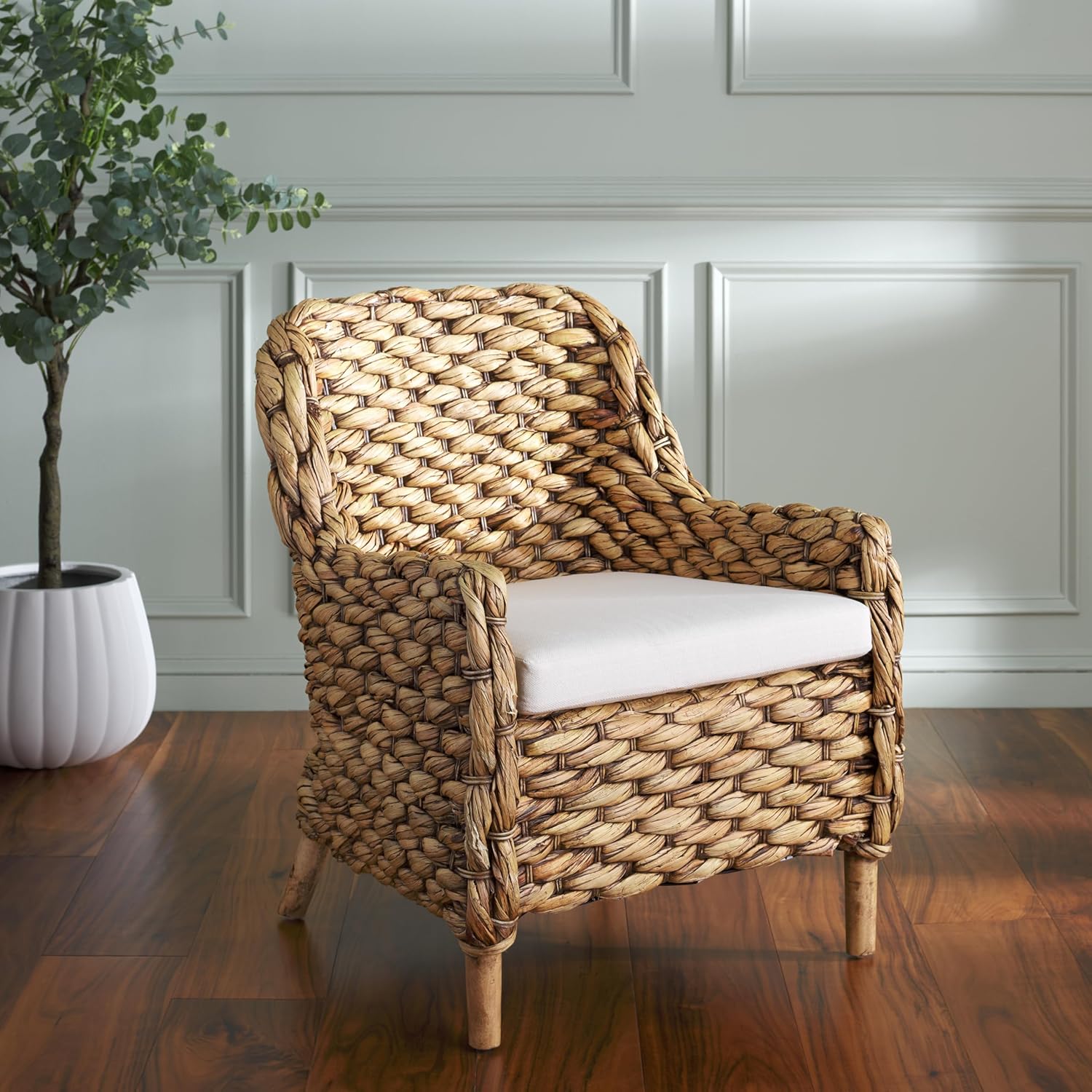SAFAVIEH Home Collection Purrl Tropical Coastal Brown Wash Solid Wood Hyacinth Accent Chair with Cushion (Fully Assembled)