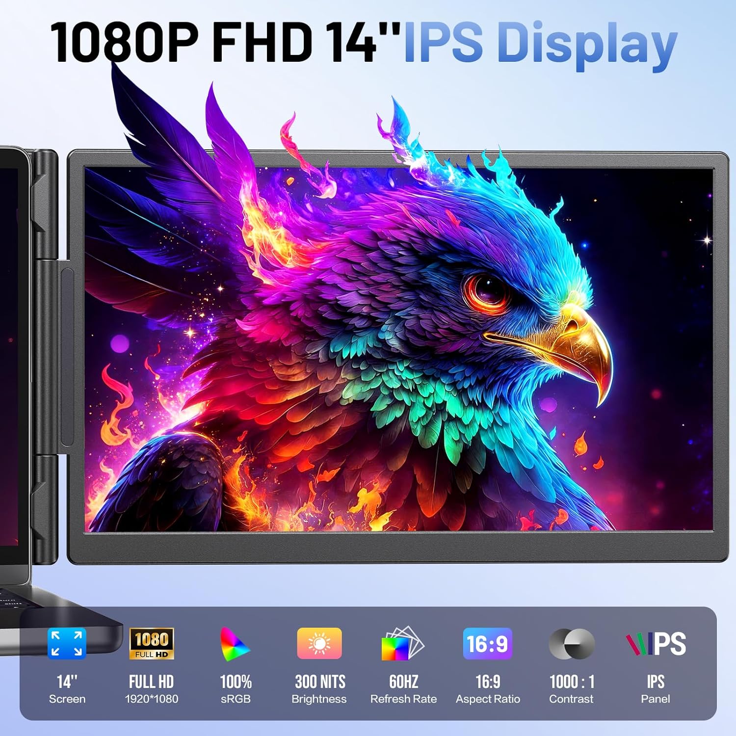 Laptop Screen Extender, 14” FHD 1080P Portable Monitor for Laptop with 100% sRGB, Dual Screen Extender for Laptop 13–17.3”, Plug & Play External Monitor, Business Travel & Home Office