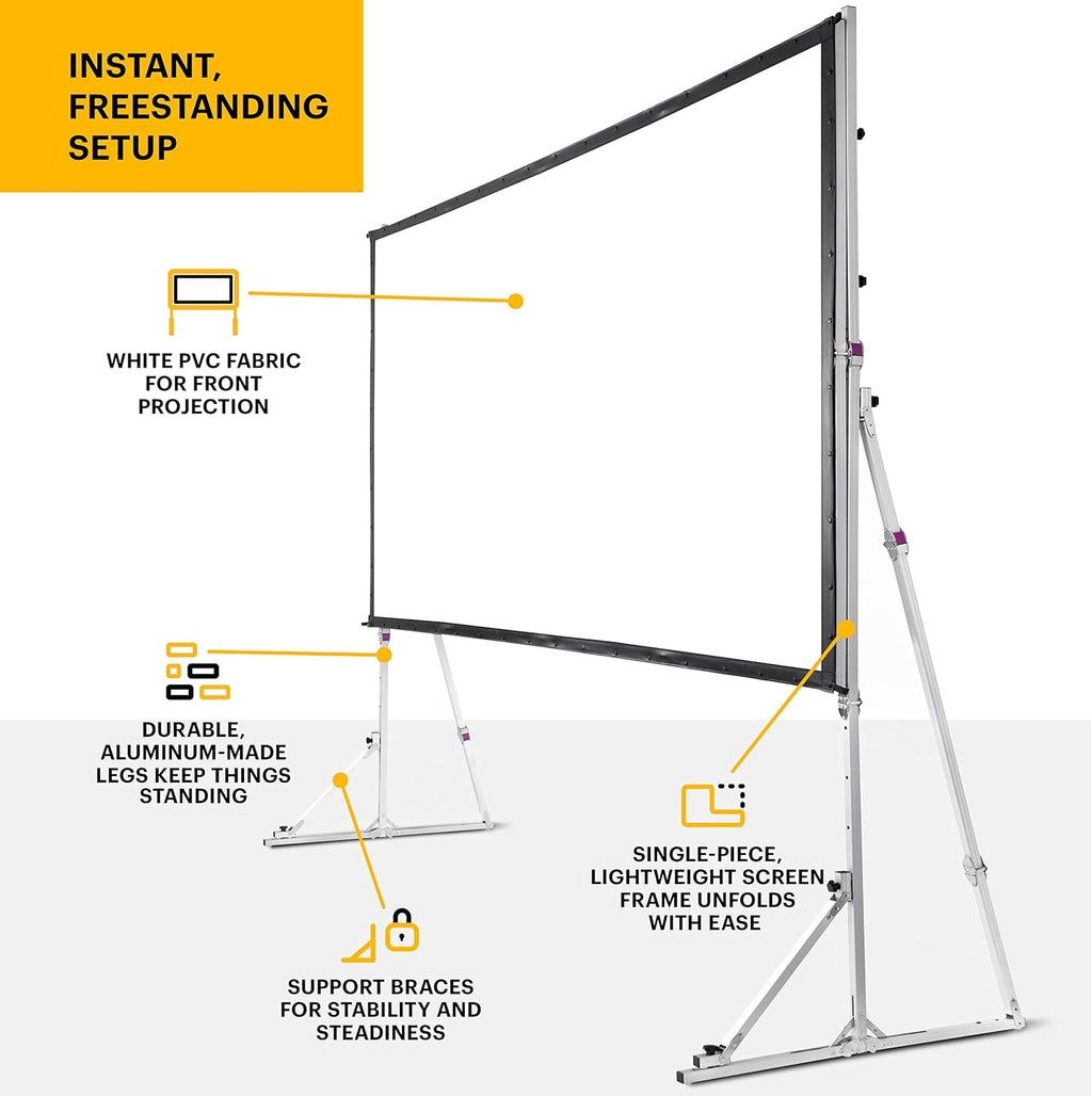 Kodak 150” Portable Projector Screen W/Stand - Fast Fold White Projection Backdrop for Outdoor & Indoor Movies with Tripod, Outdoor Stability Kit, & Black Storage Carry Case