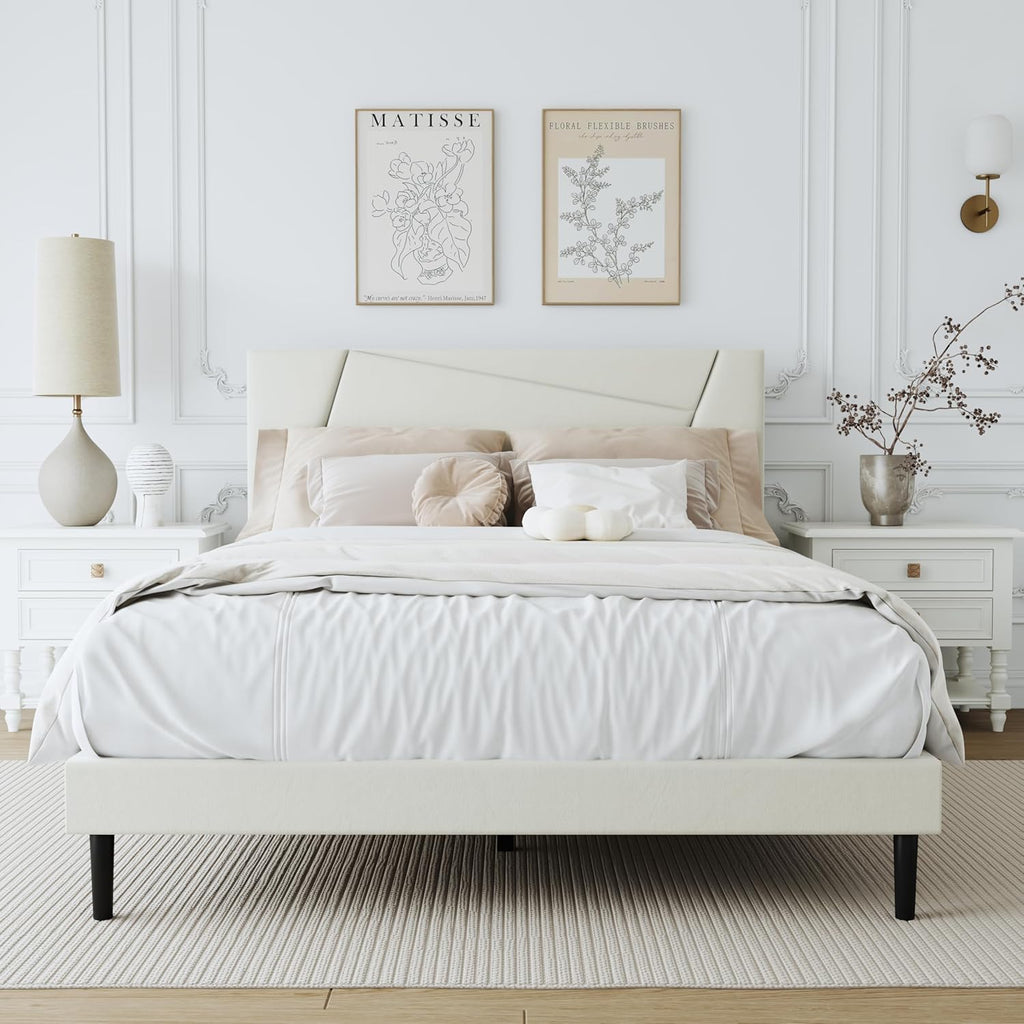Full Size Bed Frame, Full Size Platform Bed Frame with Headboard, Upholstered Headboard, Sturdy Wooden Slats, Noiseless No Box Spring Required, Easy to Assemble, Beige