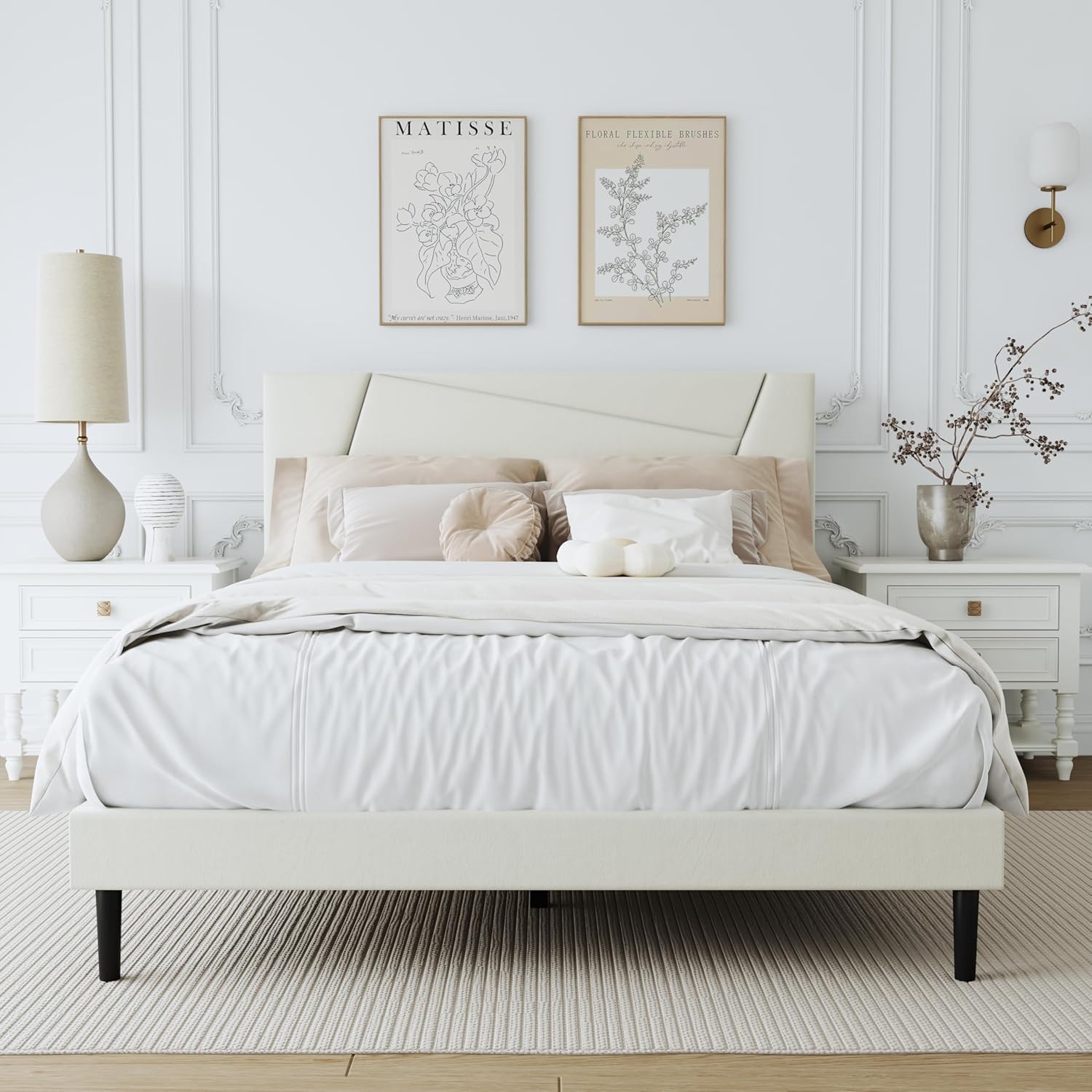 Full Size Bed Frame, Full Size Platform Bed Frame with Headboard, Upholstered Headboard, Sturdy Wooden Slats, Noiseless No Box Spring Required, Easy to Assemble, Beige