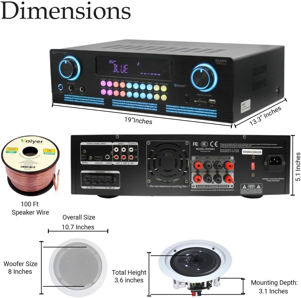 Technical Pro Home Theater Sound System Kit - 2000 Watts Bluetooth Amplifier w/ 6 Qty of 8" Framed Ceiling Speakers 300 W Each, 300 ft Speaker Wire & Remote for Home, Bar, Office, Restaurant