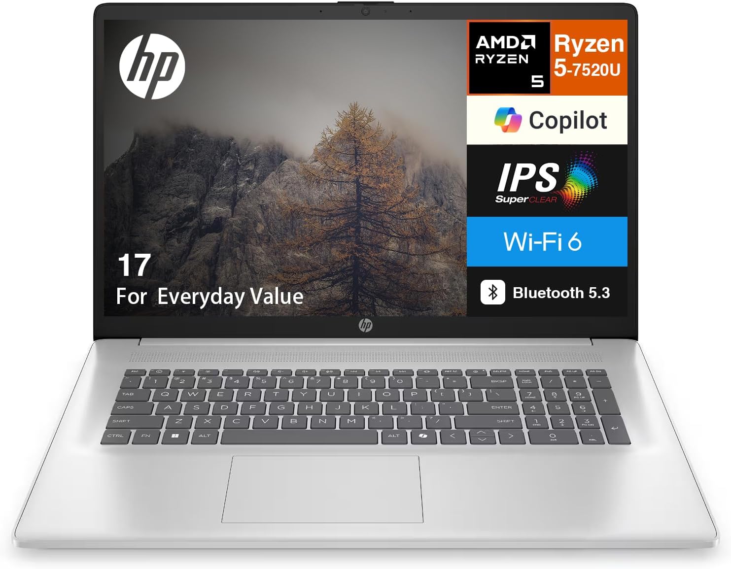 HP 17 Everyday Value Laptop 17.3" IPS FHD Display (AMD Ryzen 5 7520U, 8GB LPDDR5, 512GB SSD, AMD Radeon, WiFi 6, Webcam, Bluetooth 5.3, Win 11 Home) w/DKZ USB Port Expander