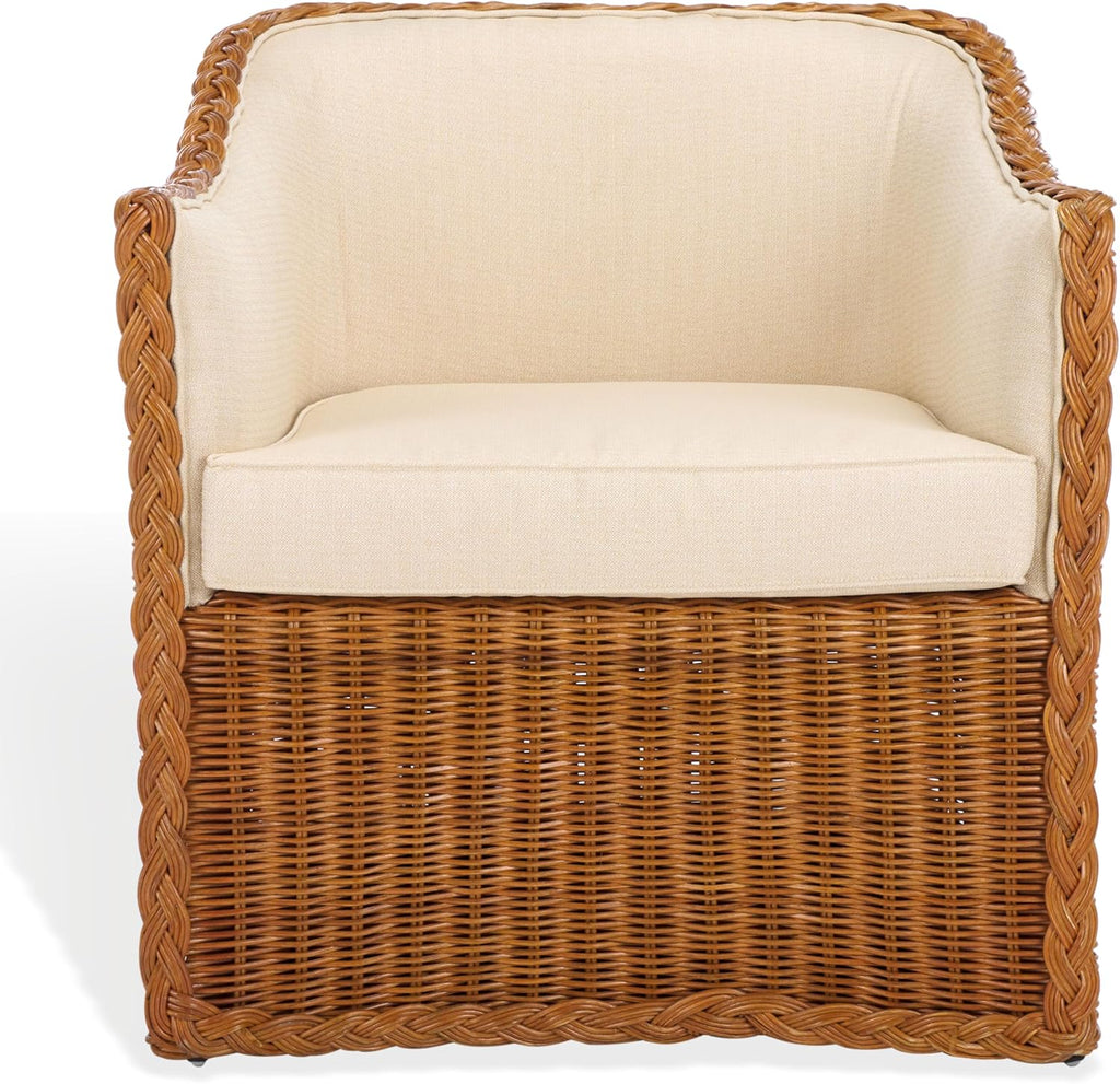 SAFAVIEH Couture Collection Sharon Natural Rattan/Beige Linen Cushion Accent Chair (Fully Assembled)