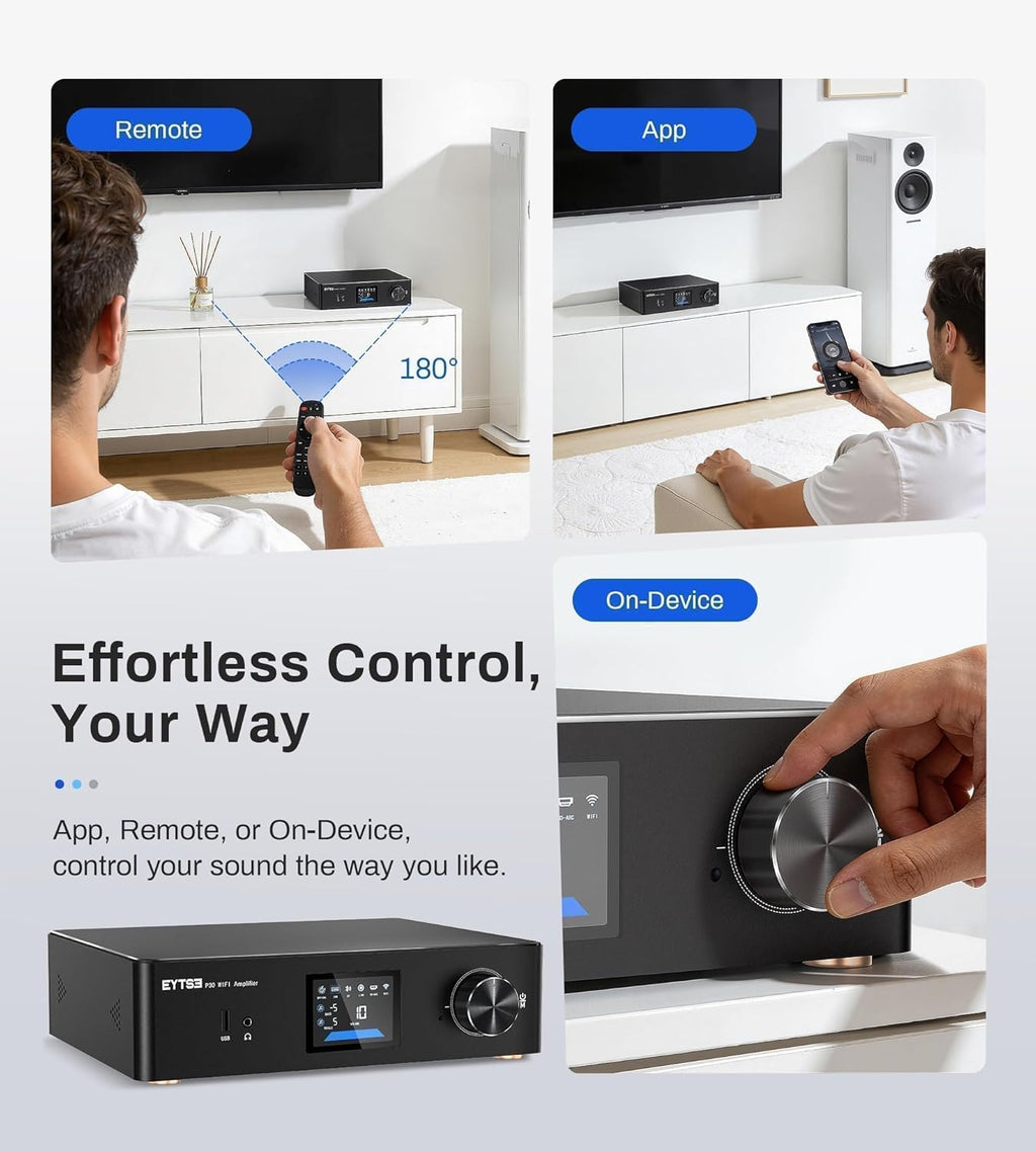 P30 300W x 2 Multiroom Streaming Amplifier Stereo Music Streamer with ESS ES9023Q2M DAC & TI TPA3255DD Amps, 3" LCD Screen, WiFi, BT, Remote Control, PC in, HDMI ARC, Optical, RCA I/O Ports