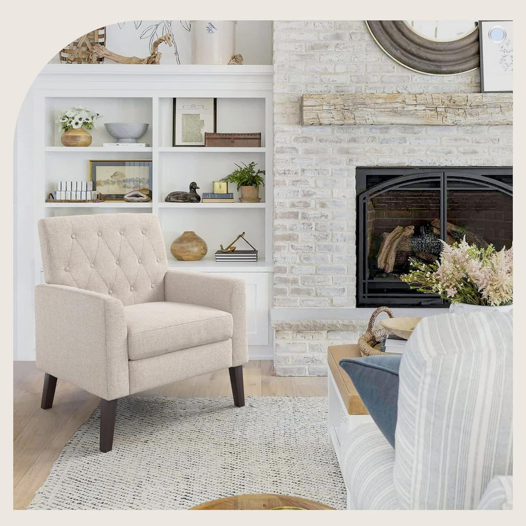 LUE BONA Linen Accent Chairs Set of 2 18.5" H, Comfy Living Room Chair with Arms, Upholstered Button Tufted Armchair, Modern Arm Chairs for Small Space, Living Room, Bedroom, Linen Color
